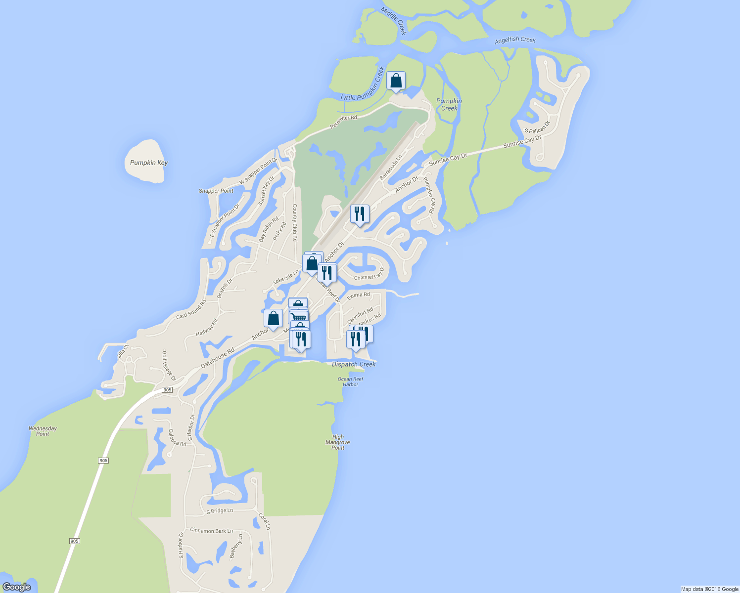 map of restaurants, bars, coffee shops, grocery stores, and more near 16 Exuma Terrace in Key Largo
