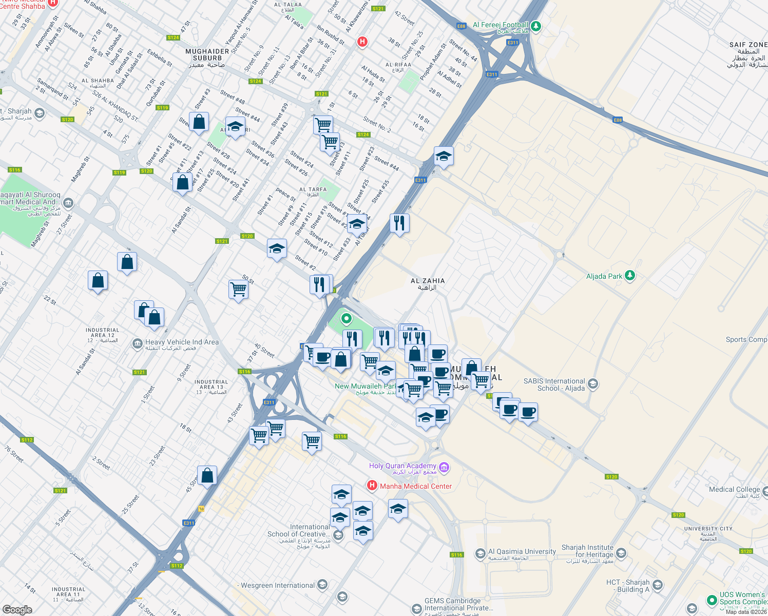 map of restaurants, bars, coffee shops, grocery stores, and more near in Sharjah