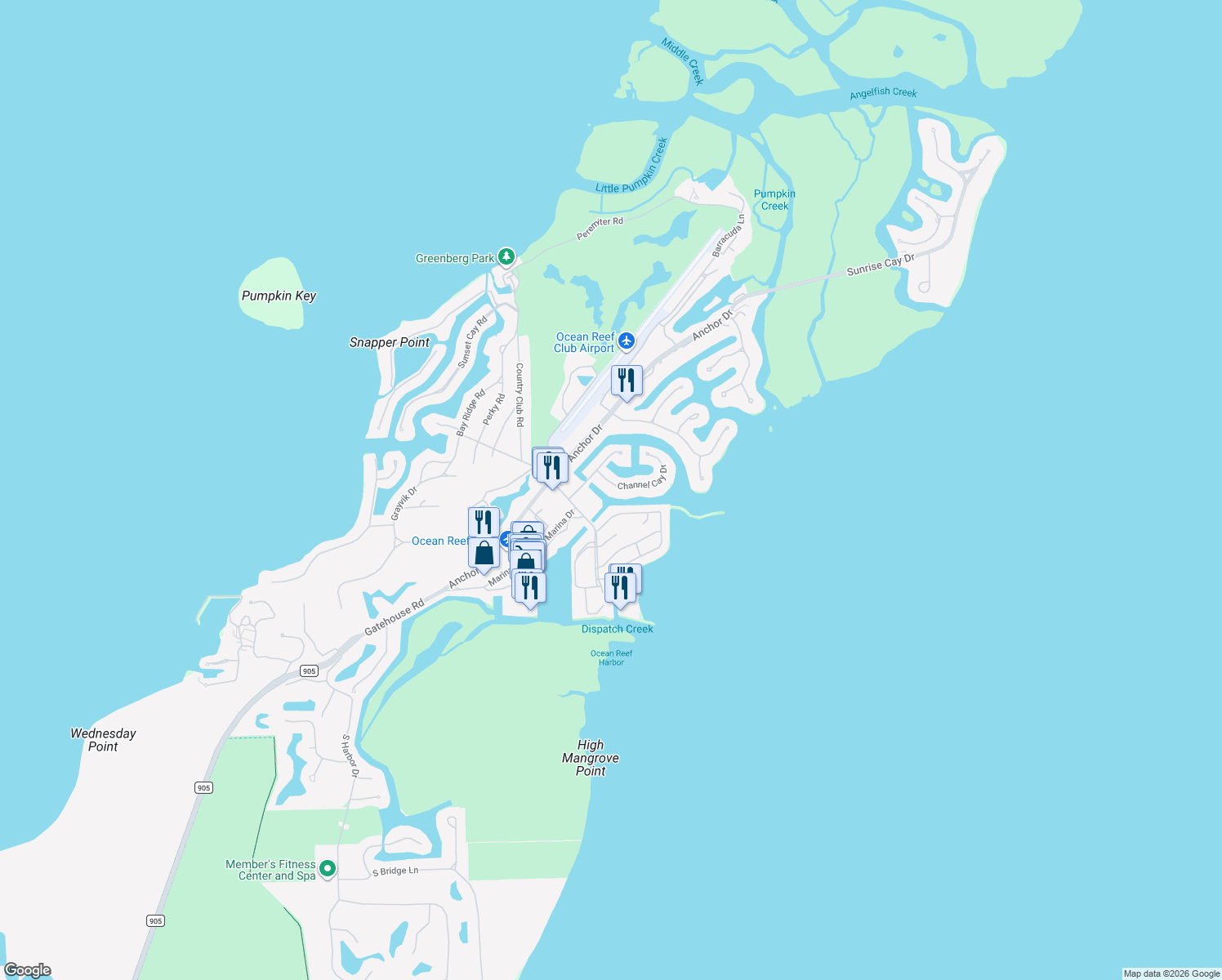 map of restaurants, bars, coffee shops, grocery stores, and more near 1 Channel Cay Drive in Key Largo