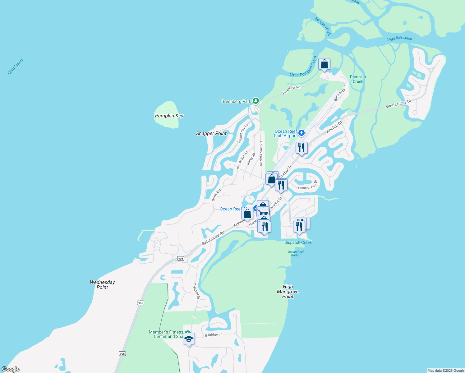 map of restaurants, bars, coffee shops, grocery stores, and more near 6 Grayvik Drive in Key Largo