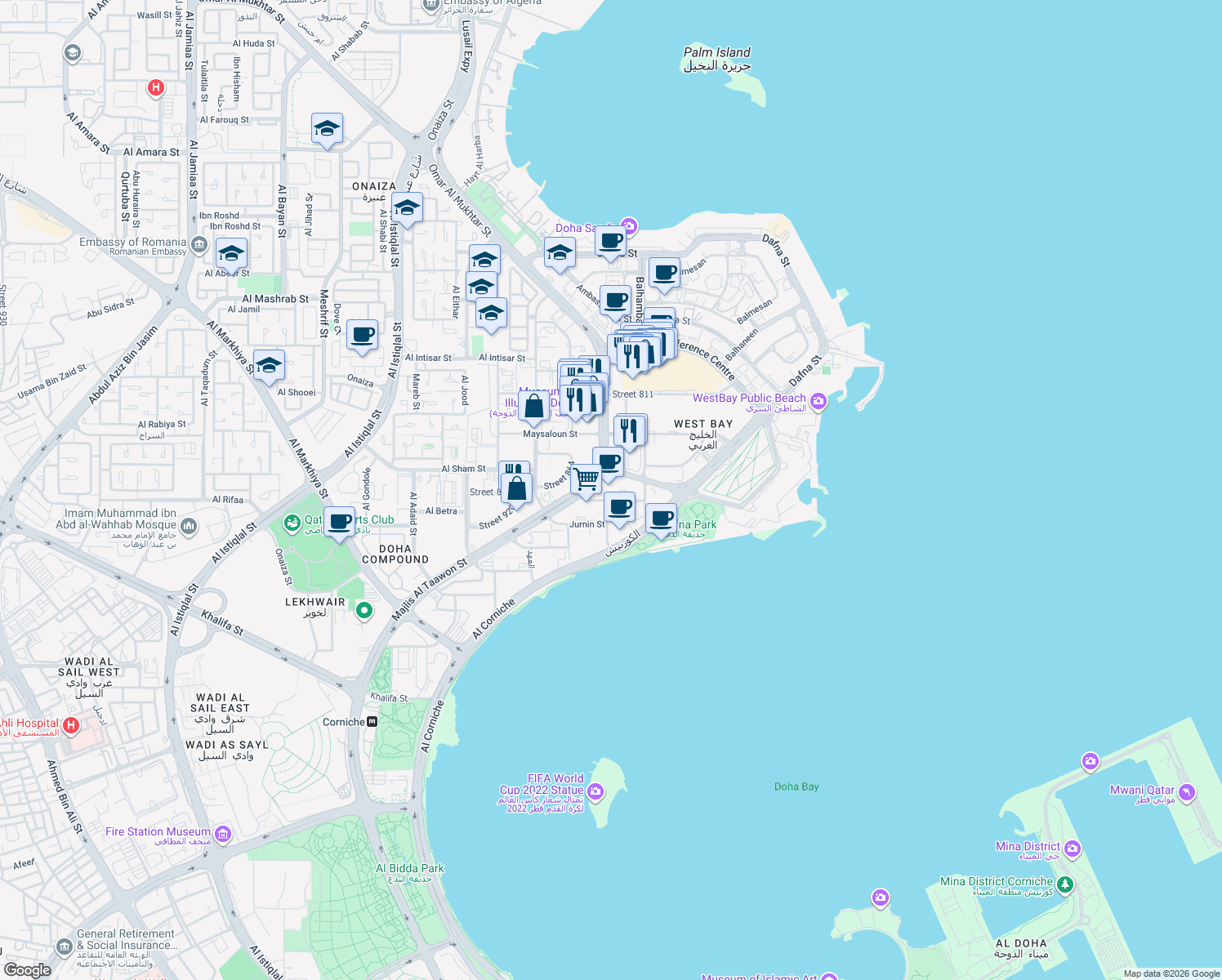 map of restaurants, bars, coffee shops, grocery stores, and more near Majlis Al Taawon Street in Doha