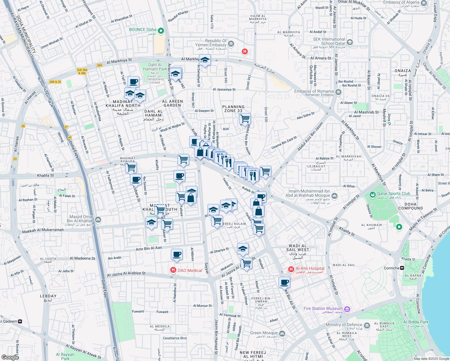 map of restaurants, bars, coffee shops, grocery stores, and more near in Doha