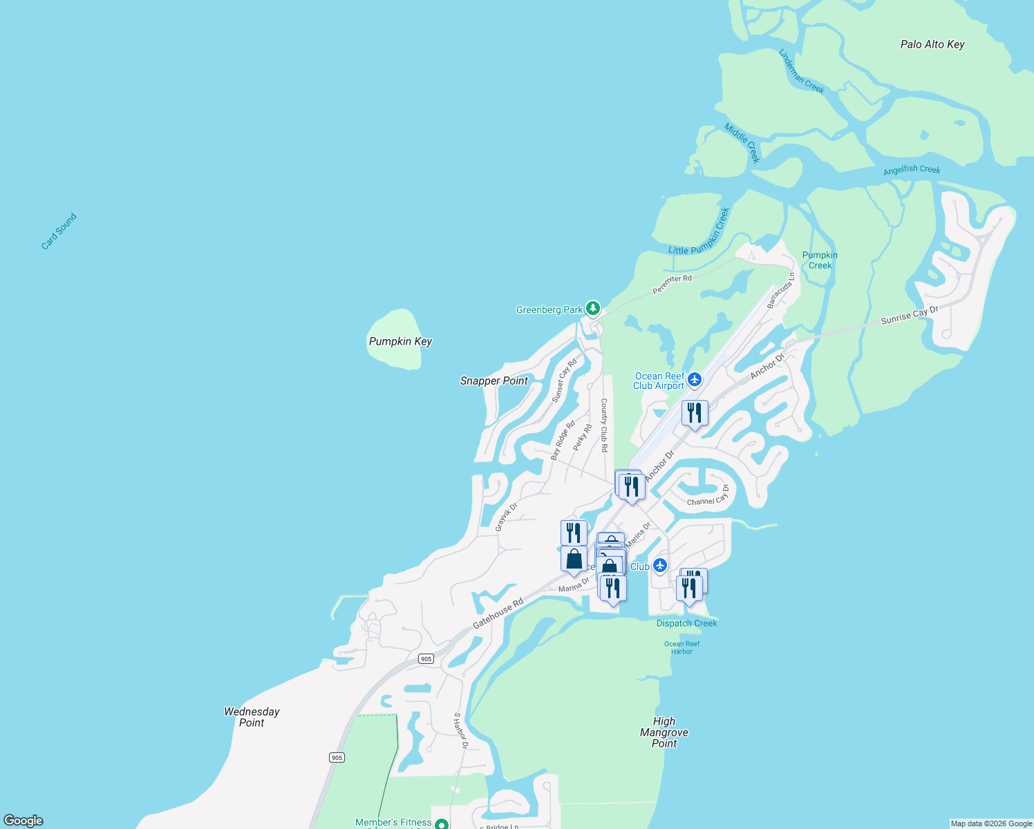 map of restaurants, bars, coffee shops, grocery stores, and more near 30 East Snapper Point Drive in Key Largo