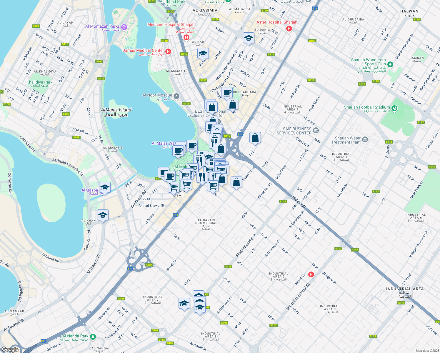 map of restaurants, bars, coffee shops, grocery stores, and more near Al Wahda St in Sharjah