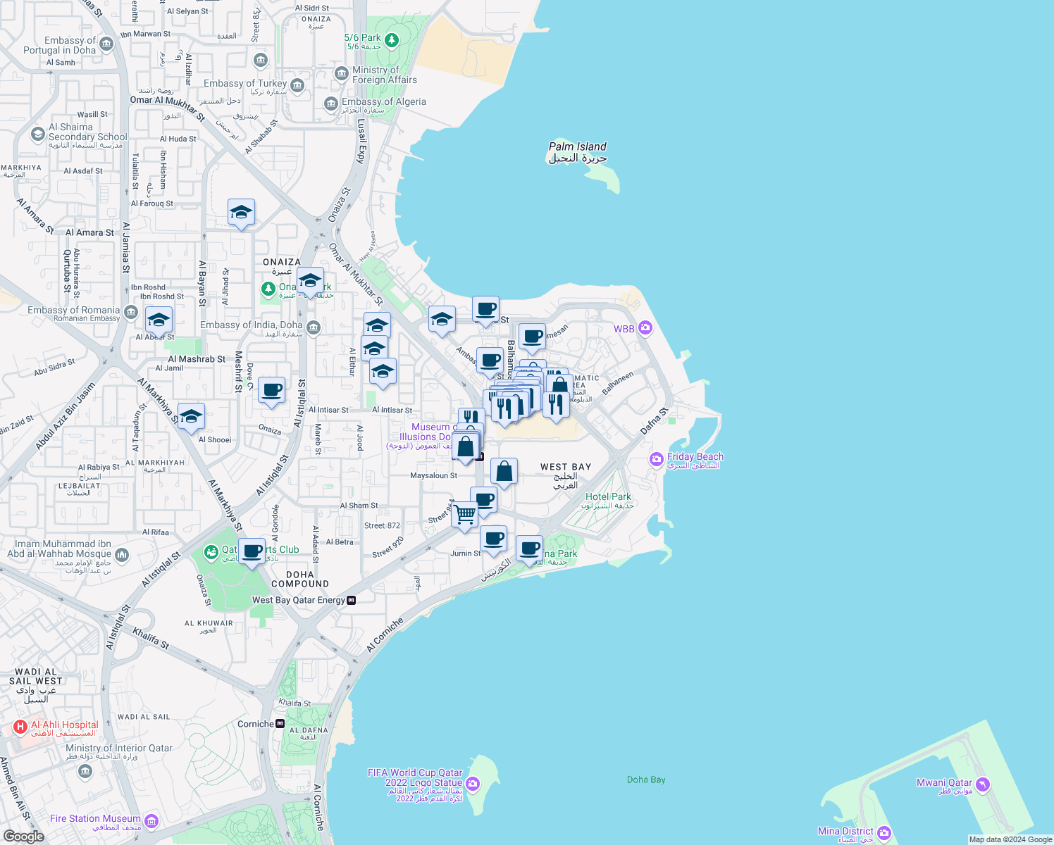 map of restaurants, bars, coffee shops, grocery stores, and more near Conference Centre in Doha