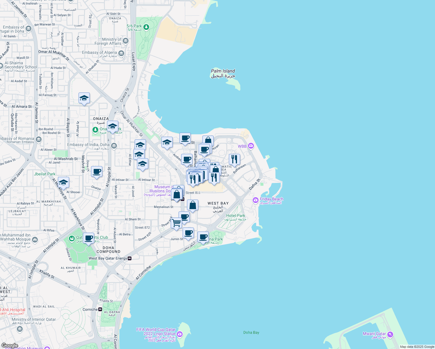 map of restaurants, bars, coffee shops, grocery stores, and more near Conference Centre in Doha