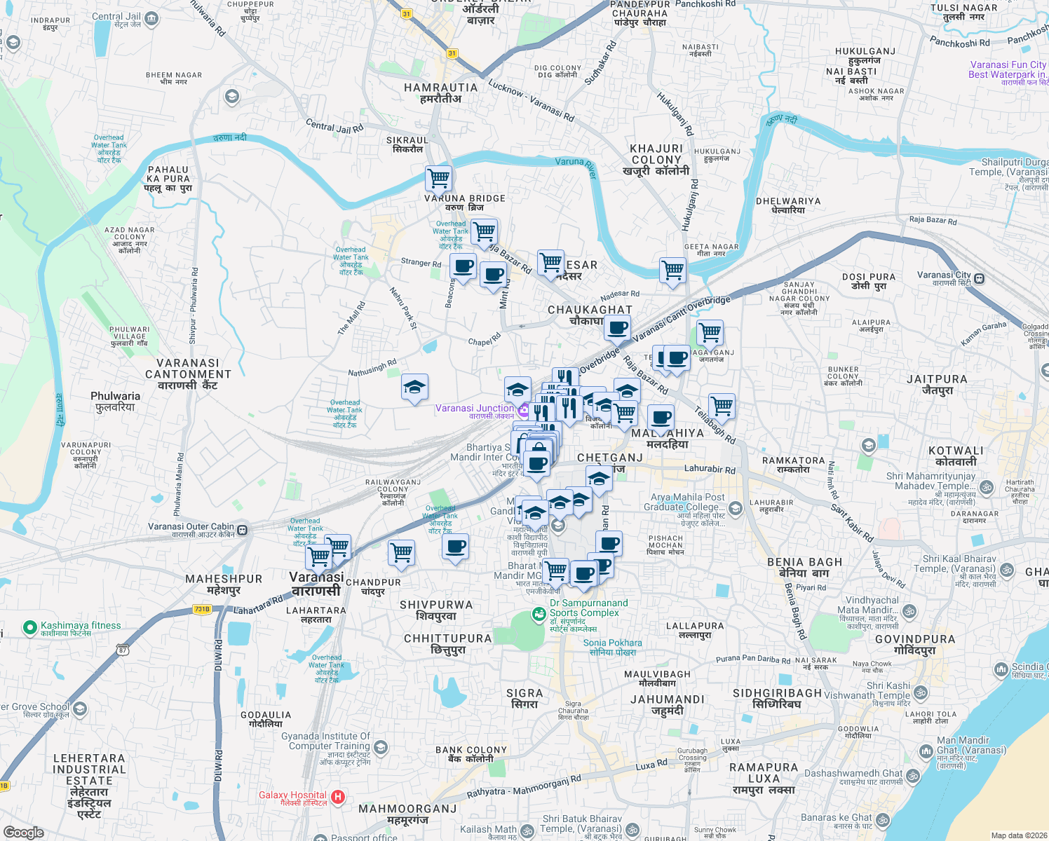 map of restaurants, bars, coffee shops, grocery stores, and more near C-32/4 Vidyapeeth Road in Varanasi