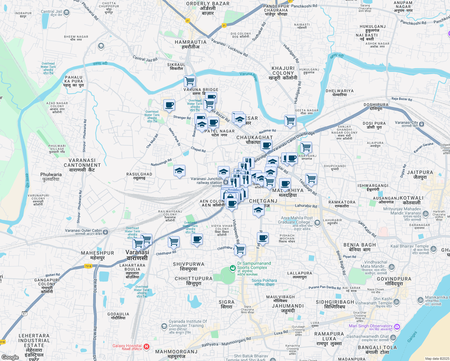 map of restaurants, bars, coffee shops, grocery stores, and more near in Varanasi