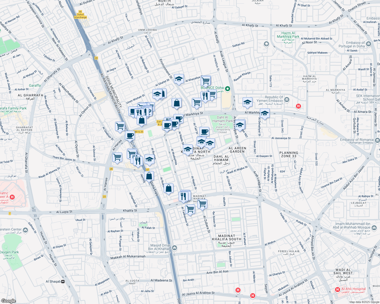 map of restaurants, bars, coffee shops, grocery stores, and more near Al Matla Street in Doha