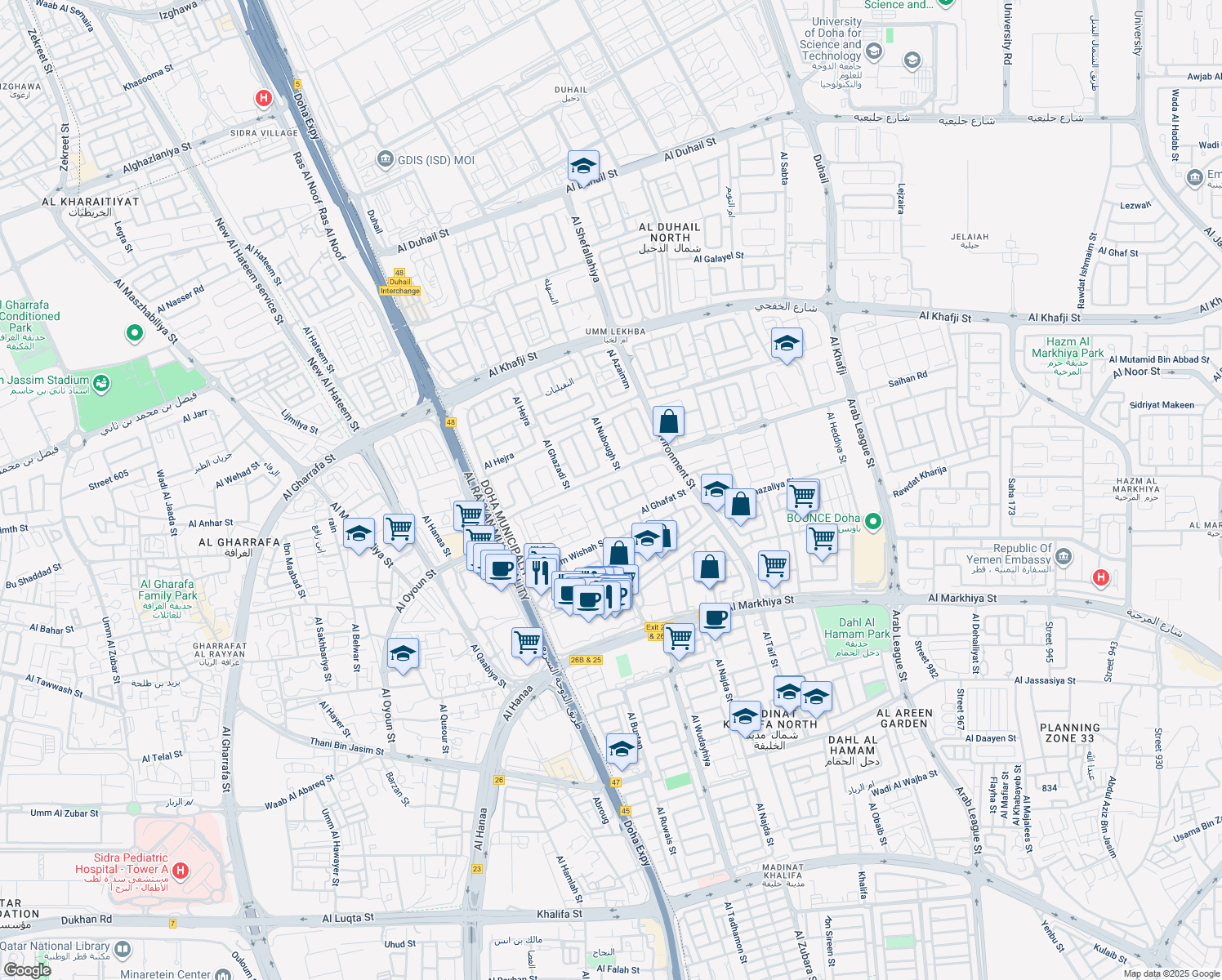 map of restaurants, bars, coffee shops, grocery stores, and more near Al Masarra St in Doha