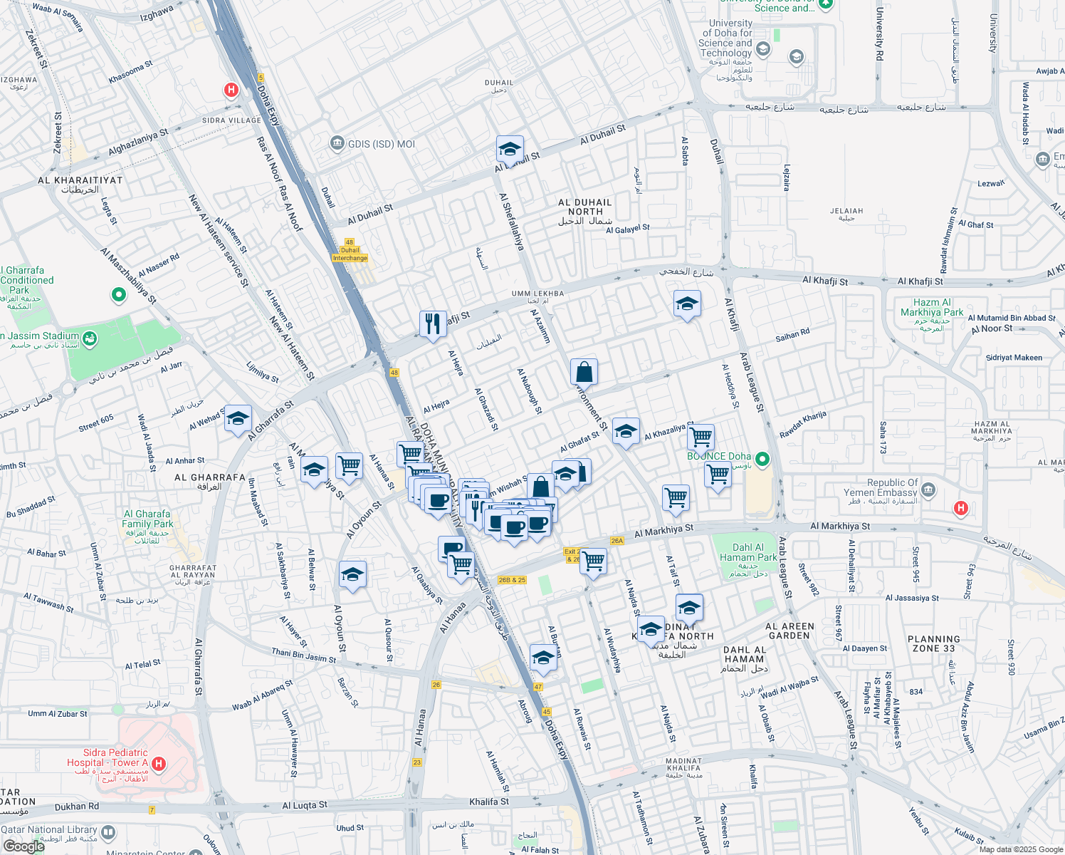 map of restaurants, bars, coffee shops, grocery stores, and more near Al Masarra St in Doha