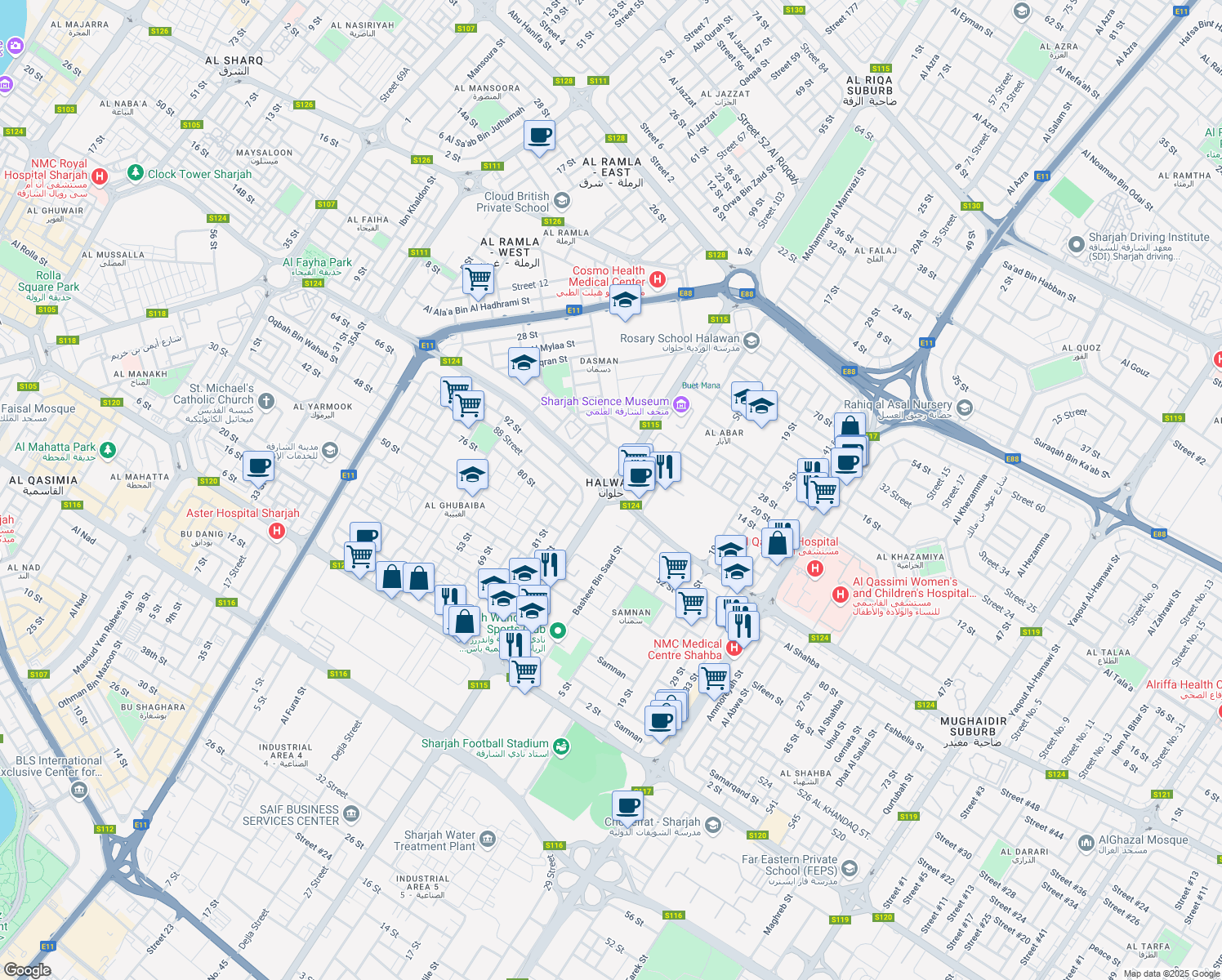 map of restaurants, bars, coffee shops, grocery stores, and more near in Sharjah