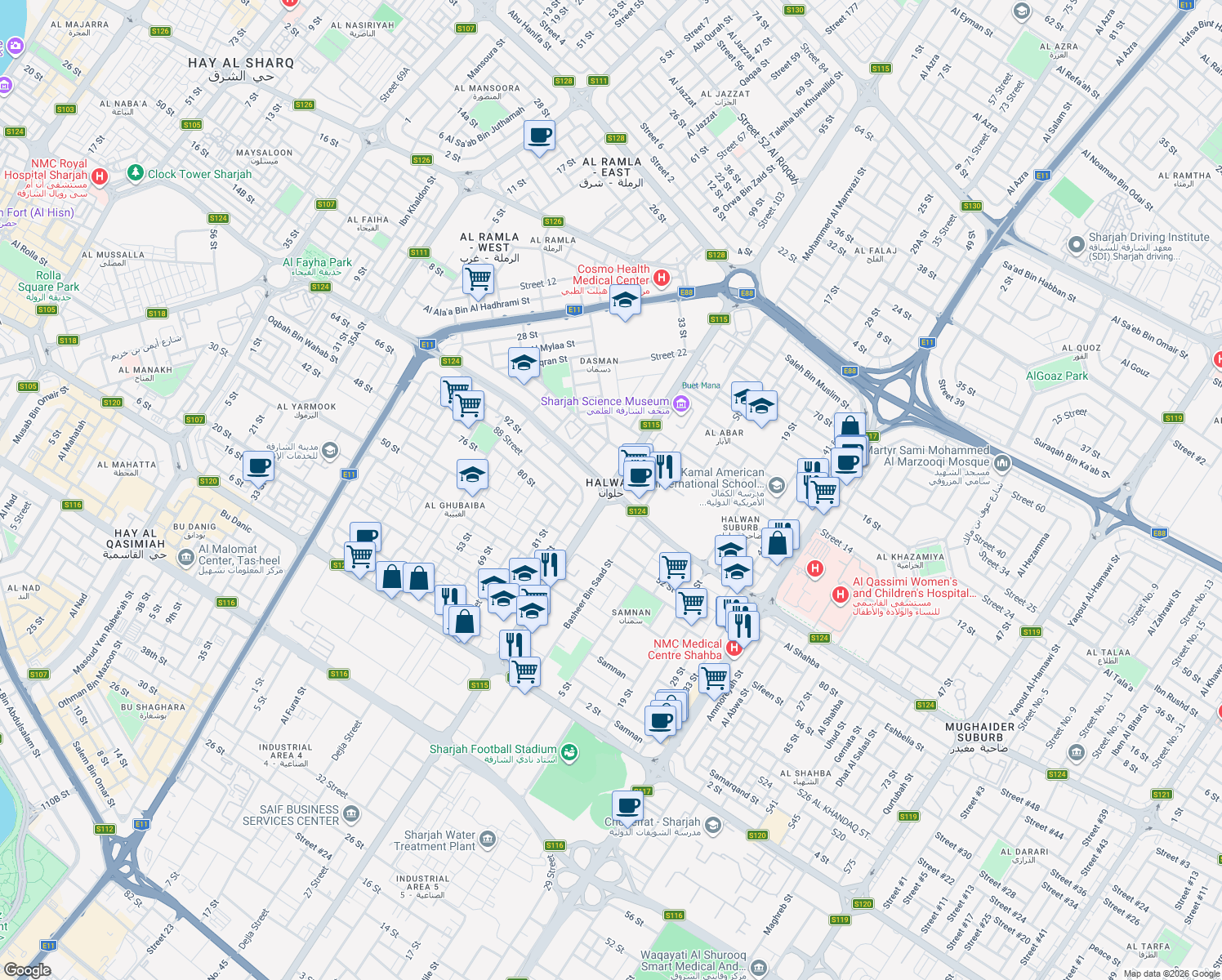 map of restaurants, bars, coffee shops, grocery stores, and more near in Sharjah