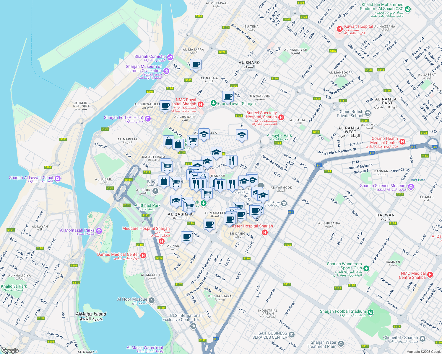 map of restaurants, bars, coffee shops, grocery stores, and more near Al Manakh in Sharjah