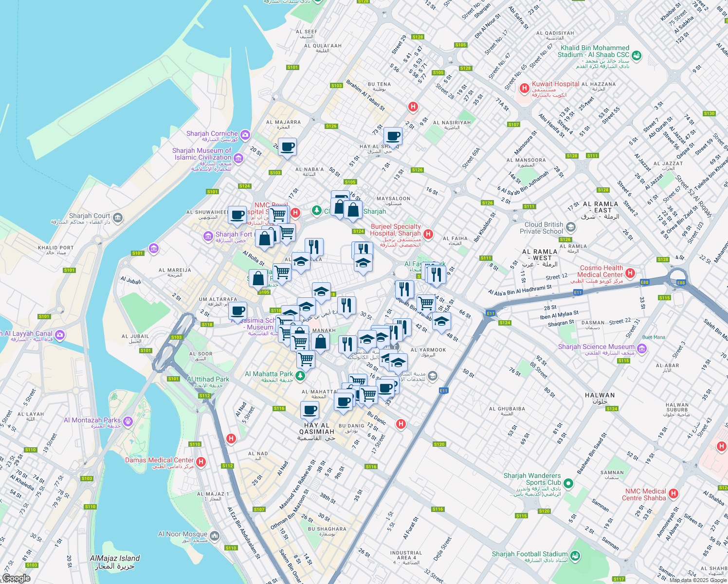 map of restaurants, bars, coffee shops, grocery stores, and more near Al Manakh in Sharjah