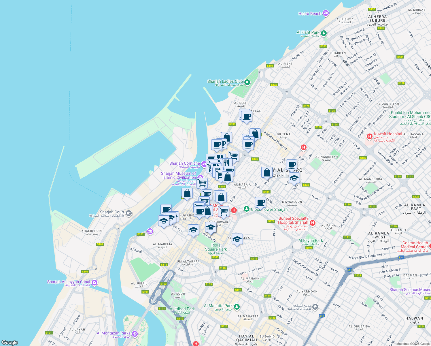 map of restaurants, bars, coffee shops, grocery stores, and more near 3 Al Andalus Square in Sharjah