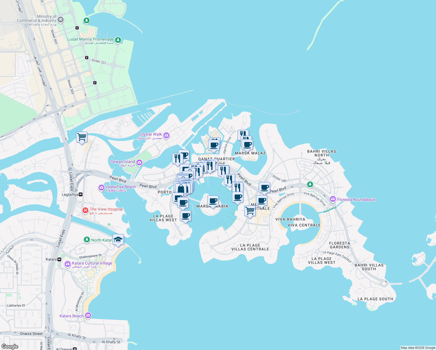map of restaurants, bars, coffee shops, grocery stores, and more near Porto Arabia Drive in Doha