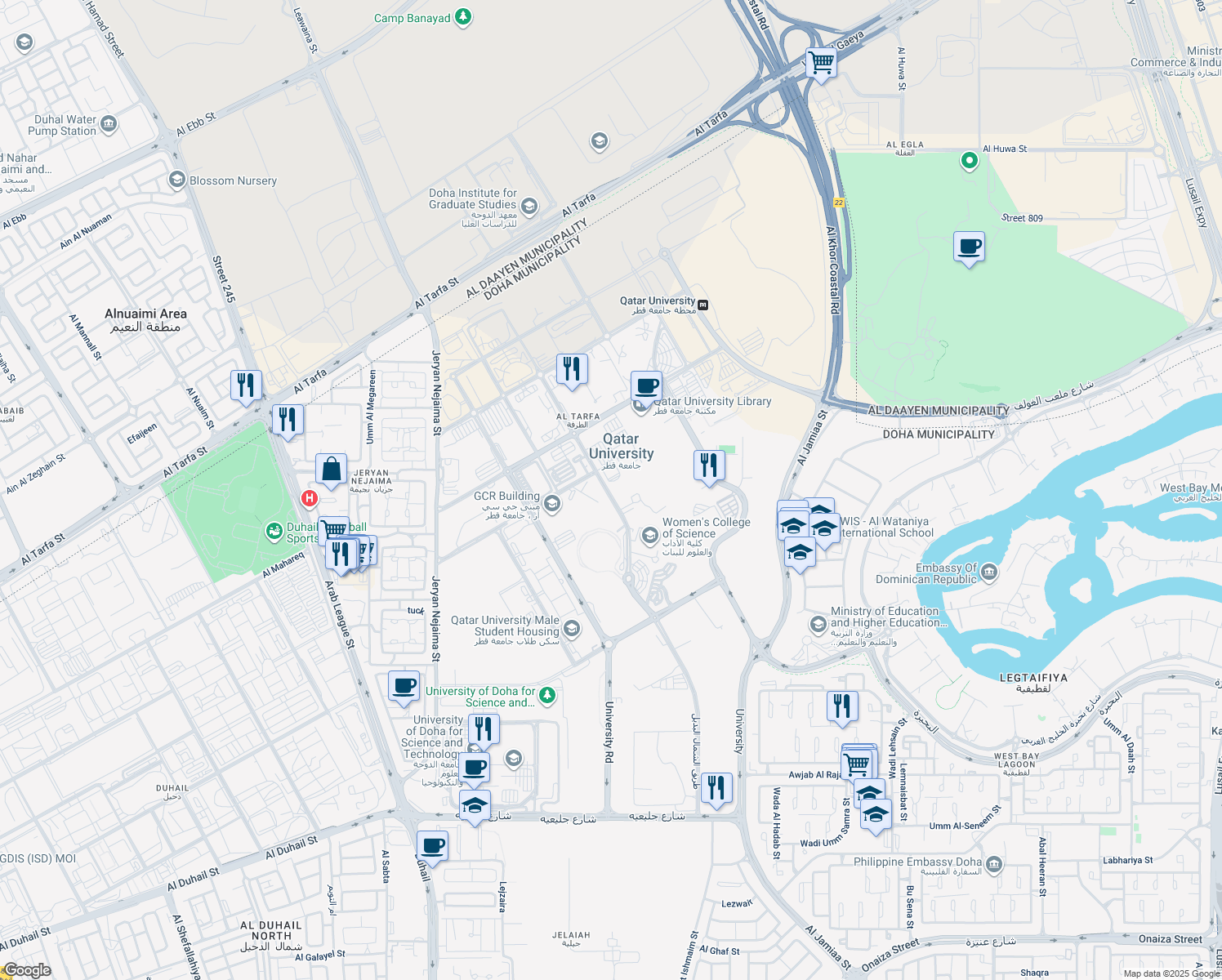 map of restaurants, bars, coffee shops, grocery stores, and more near  in الدوحة