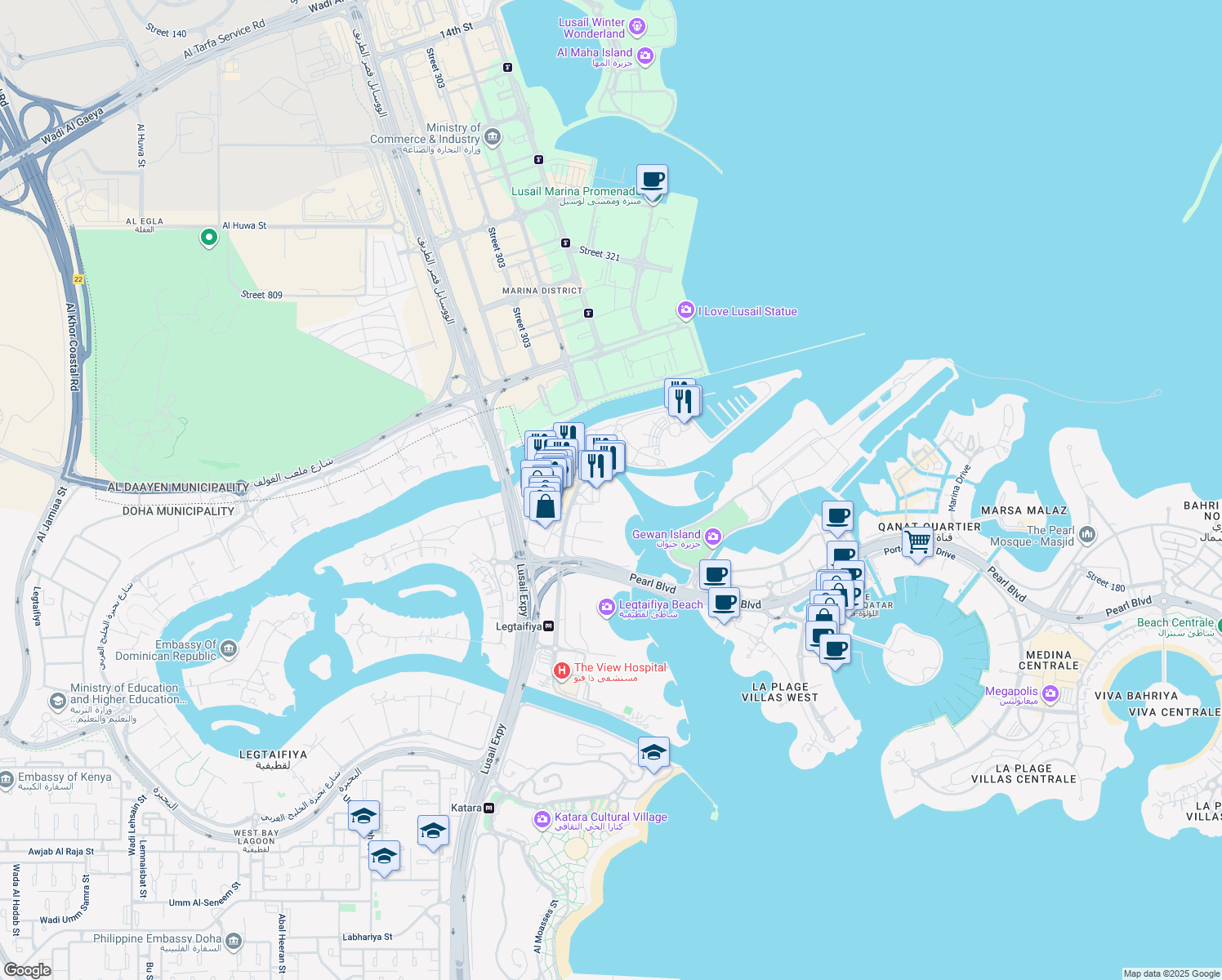 map of restaurants, bars, coffee shops, grocery stores, and more near Pearl Boulevard in Doha