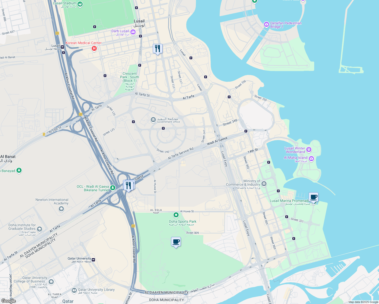 map of restaurants, bars, coffee shops, grocery stores, and more near Wadi Al Gaeya in Lusail