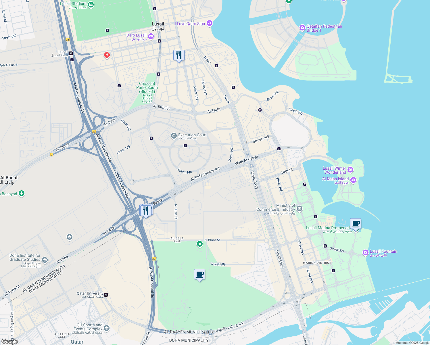 map of restaurants, bars, coffee shops, grocery stores, and more near Wadi Al Gaeya in Lusail