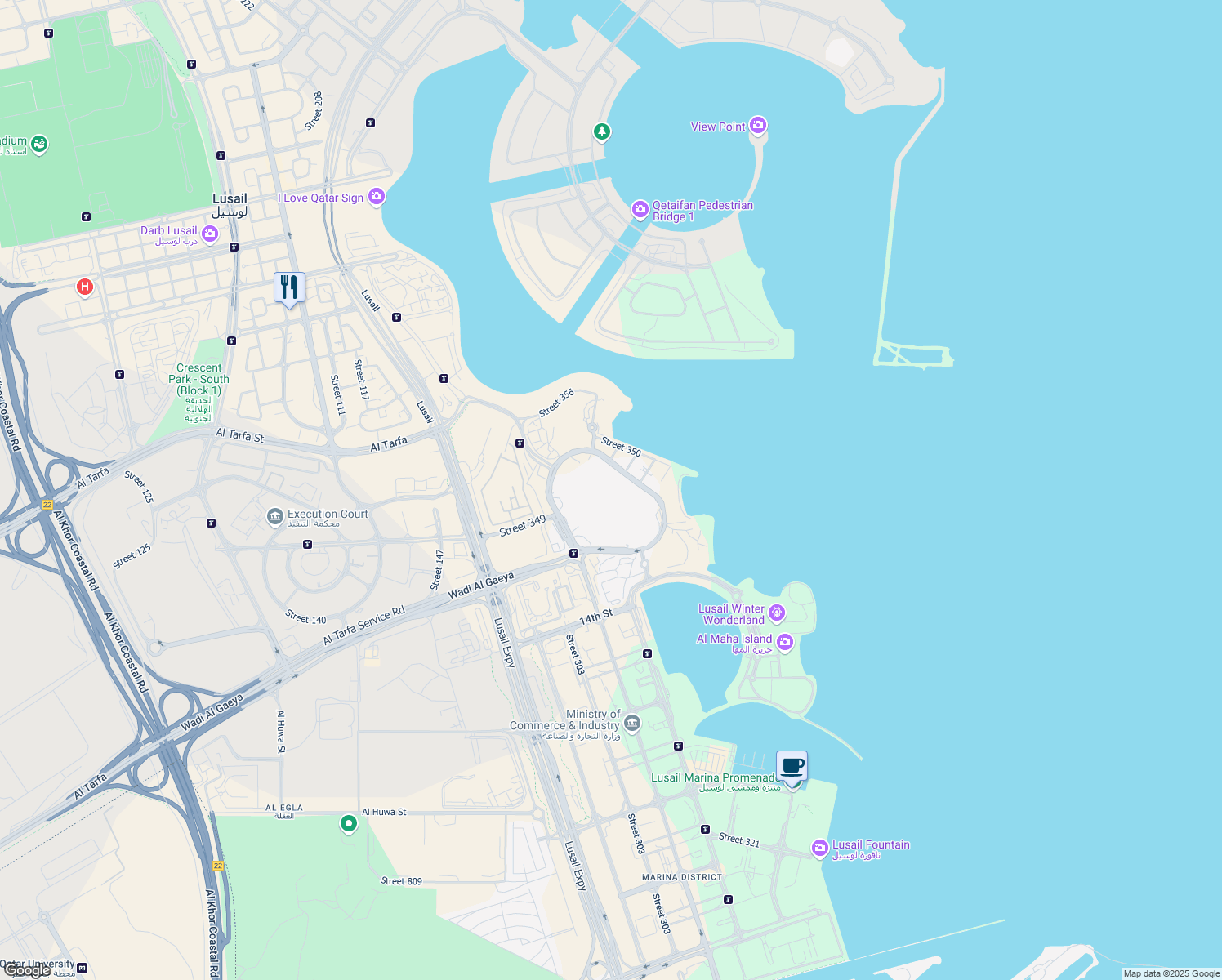 map of restaurants, bars, coffee shops, grocery stores, and more near Wadi Al Gaeya in Lusail