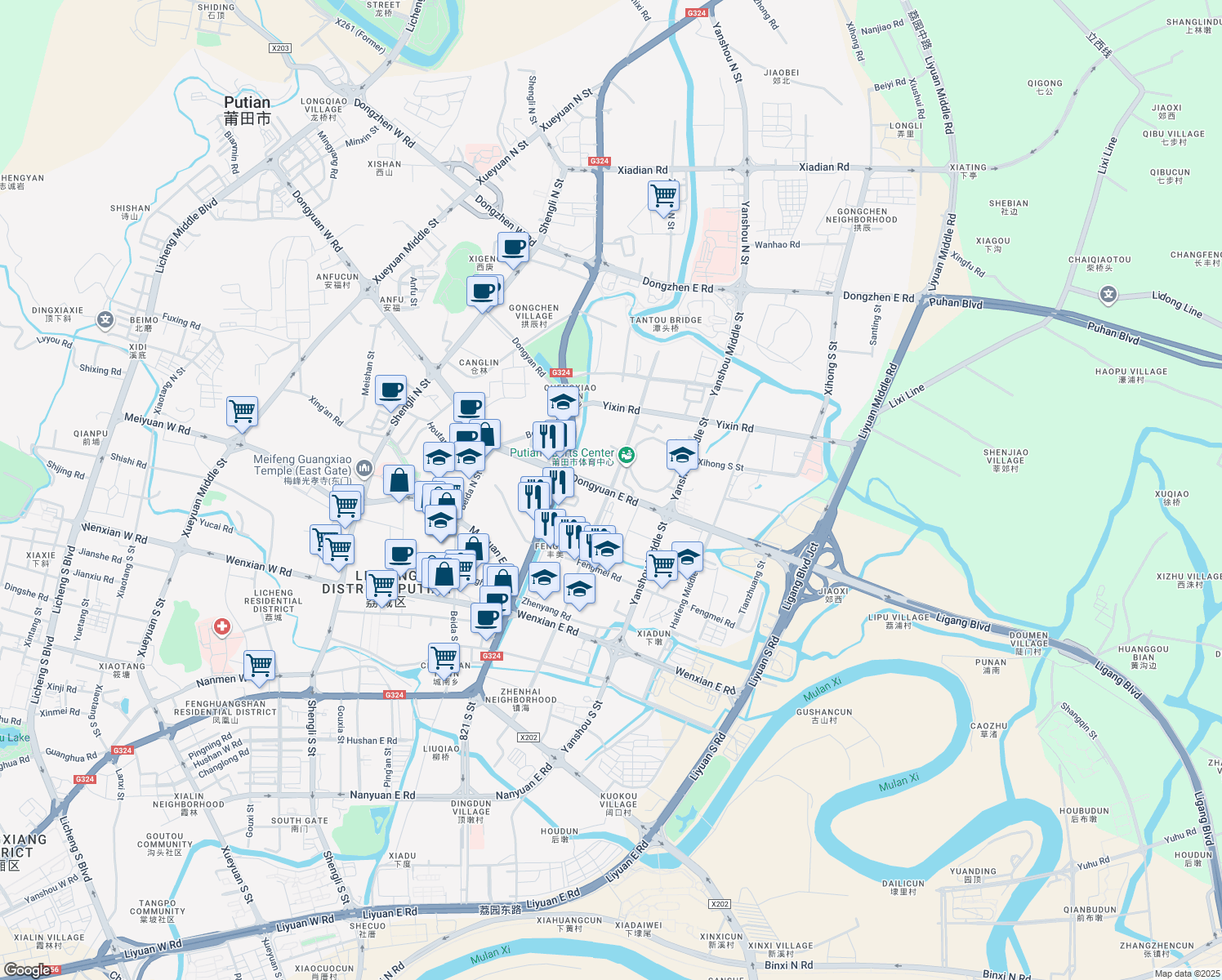 map of restaurants, bars, coffee shops, grocery stores, and more near Dong Yuan Dong Lu in Pu Tian Shi