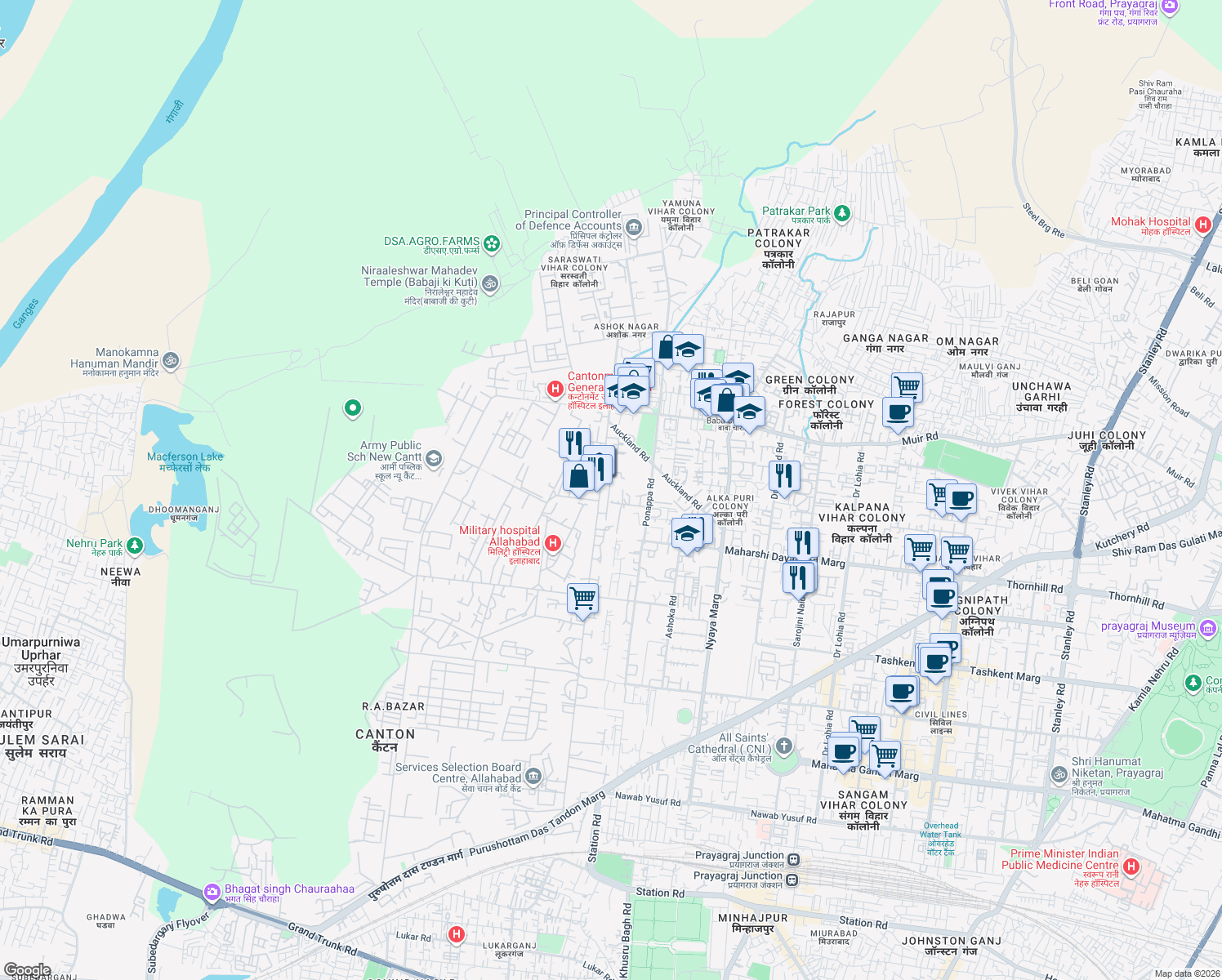 map of restaurants, bars, coffee shops, grocery stores, and more near in Prayagraj