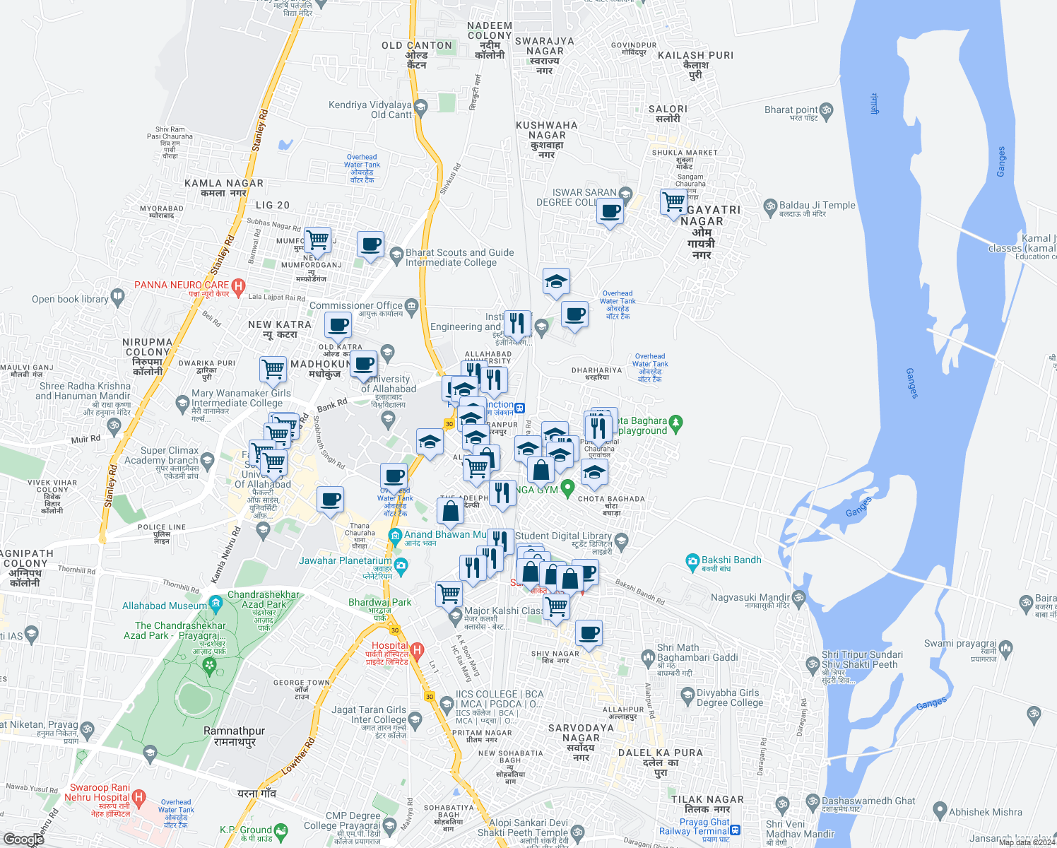 map of restaurants, bars, coffee shops, grocery stores, and more near Ram Priya Road in Allahabad