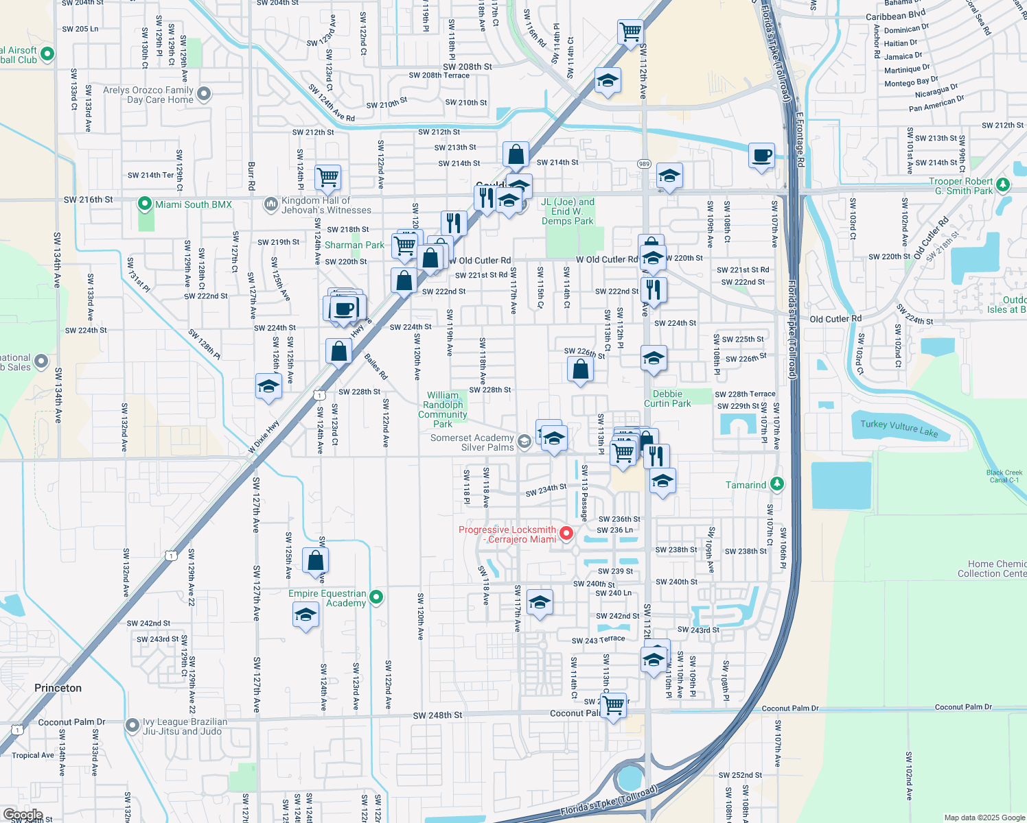 map of restaurants, bars, coffee shops, grocery stores, and more near 11715 Southwest 229th Terrace in Miami