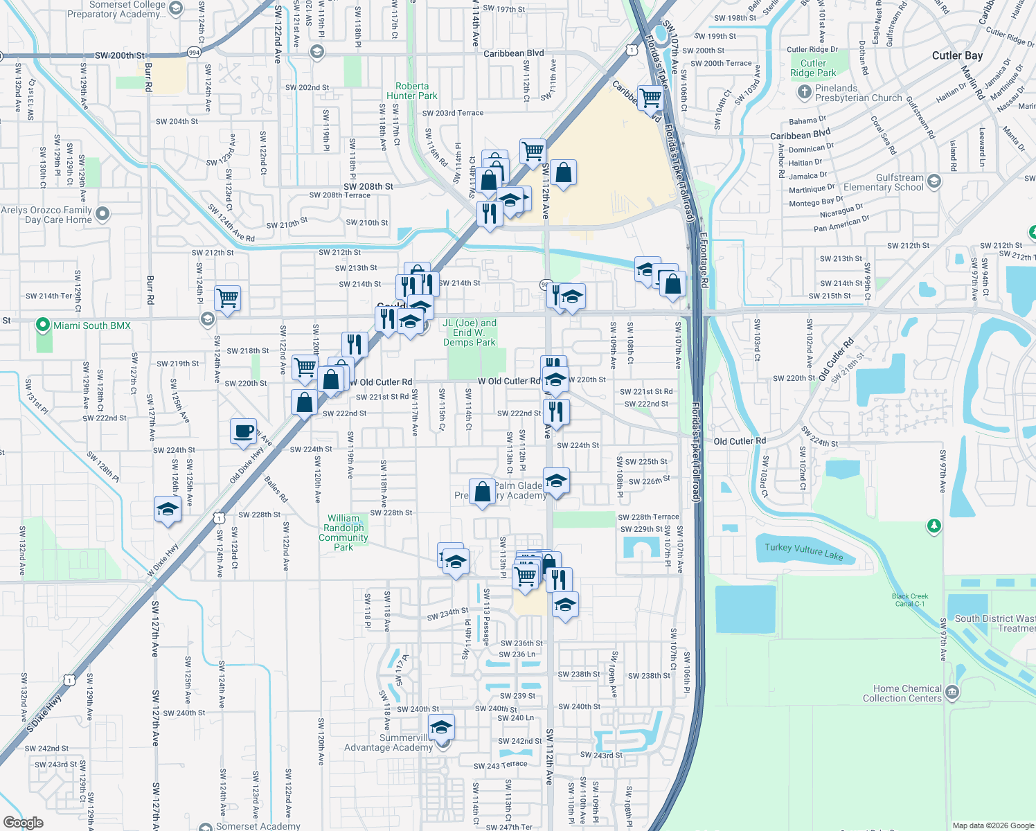 map of restaurants, bars, coffee shops, grocery stores, and more near 22221-22231 Southwest 113th Court in Goulds