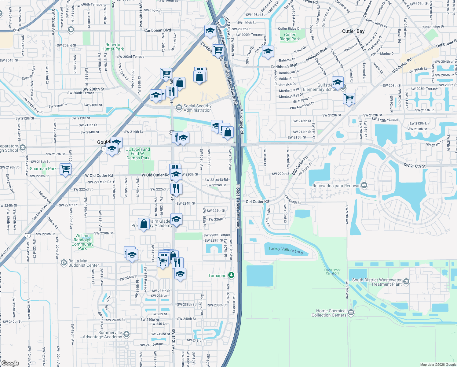 map of restaurants, bars, coffee shops, grocery stores, and more near 22170 Southwest 107th Avenue in Miami