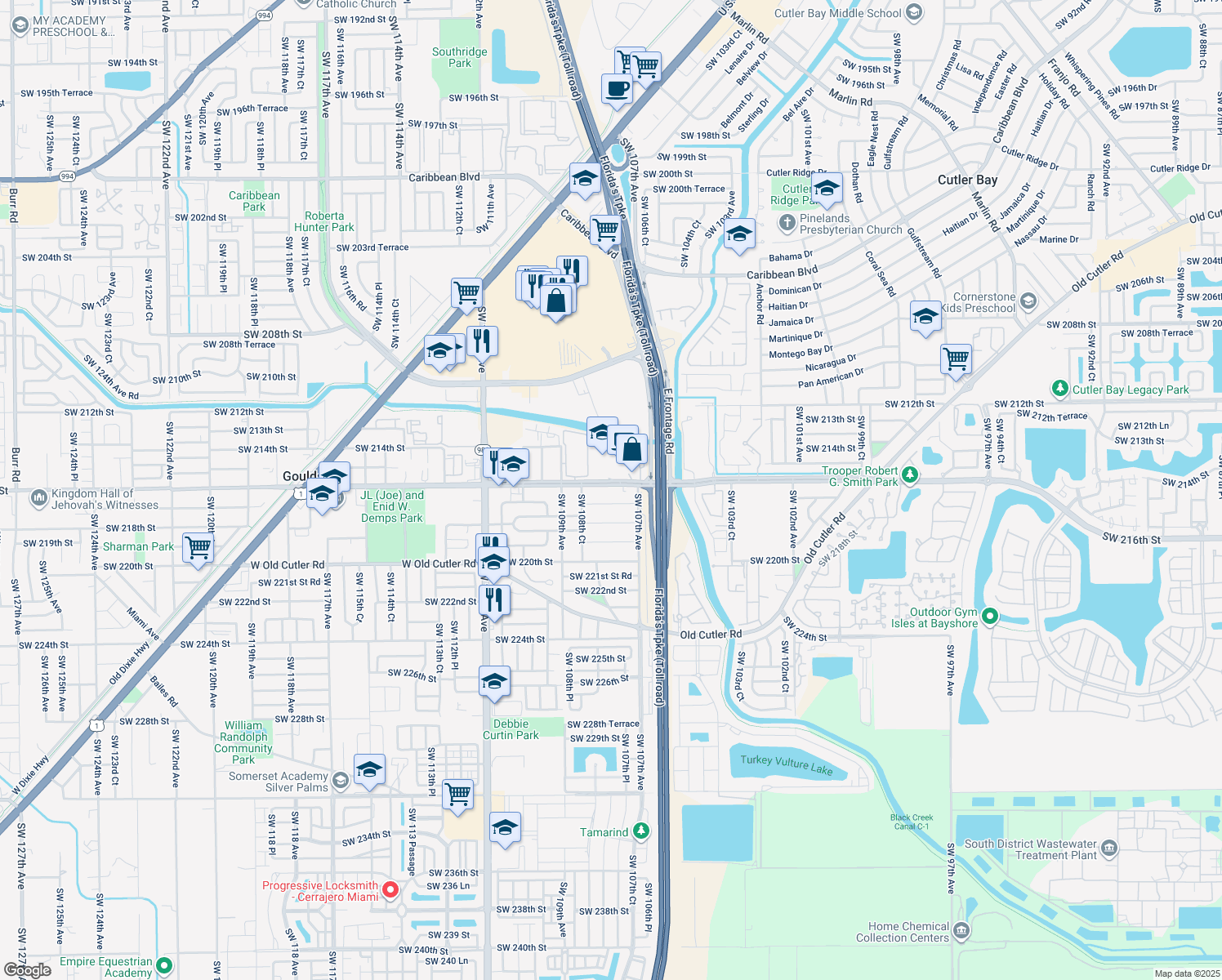 map of restaurants, bars, coffee shops, grocery stores, and more near 10750 Southwest 216th Street in Miami