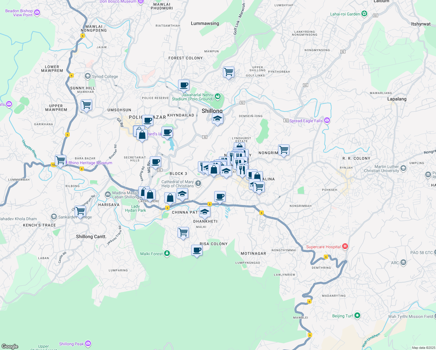 map of restaurants, bars, coffee shops, grocery stores, and more near  in Shillong