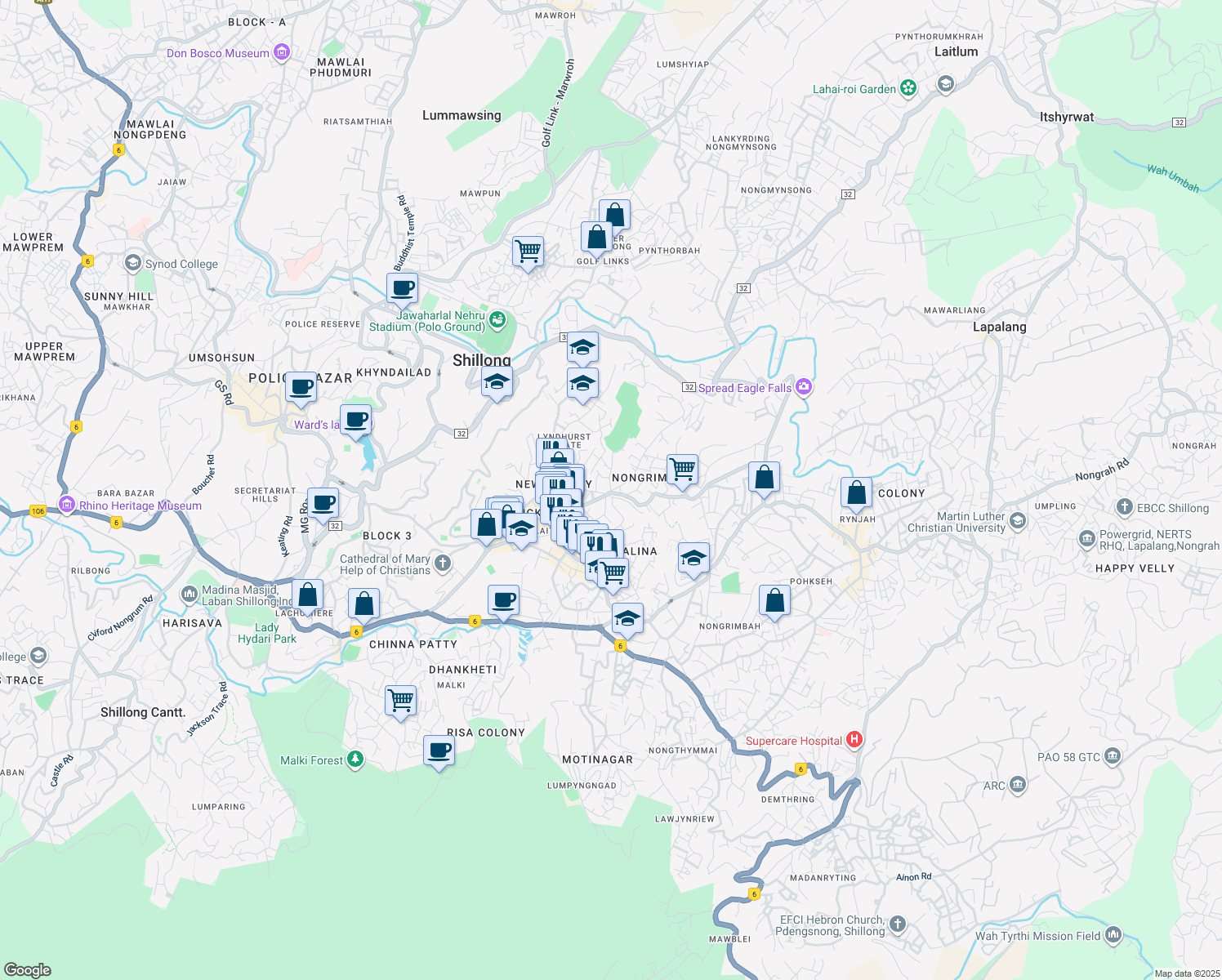 map of restaurants, bars, coffee shops, grocery stores, and more near Laitumkhrah To Rynjah Via Goraline in Shillong