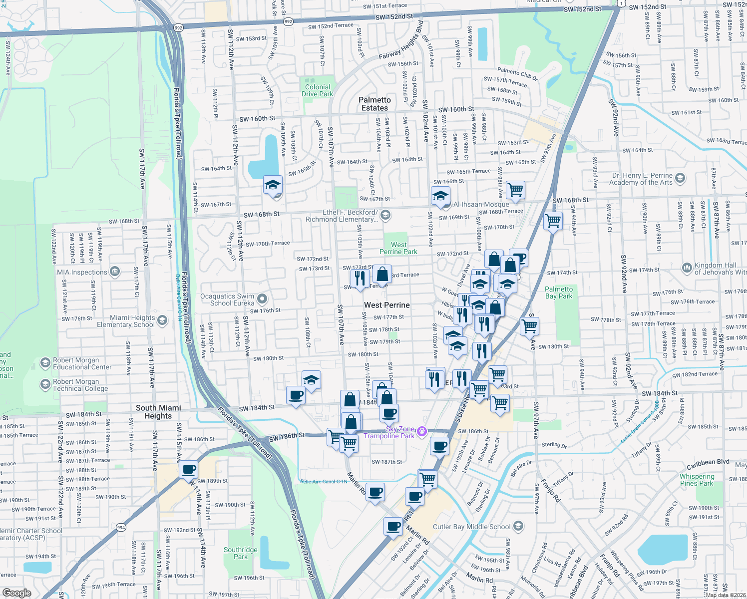 map of restaurants, bars, coffee shops, grocery stores, and more near in West Perrine