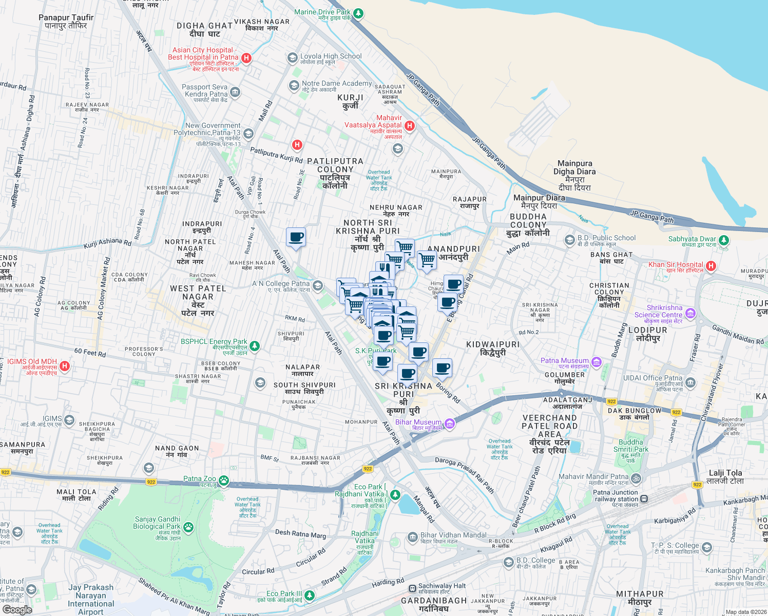 map of restaurants, bars, coffee shops, grocery stores, and more near Boring Road in Patna