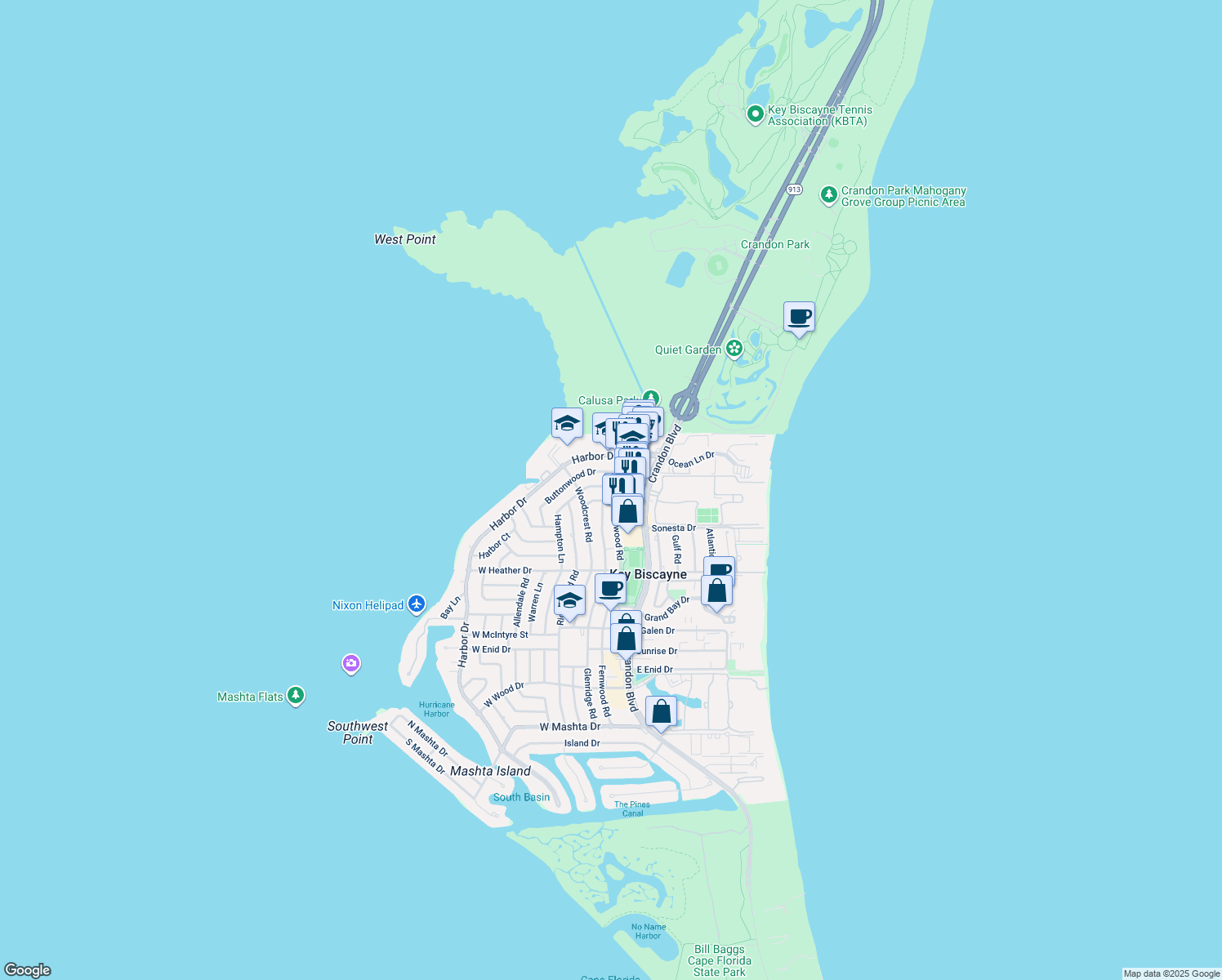 map of restaurants, bars, coffee shops, grocery stores, and more near 110 Hampton Lane in Key Biscayne