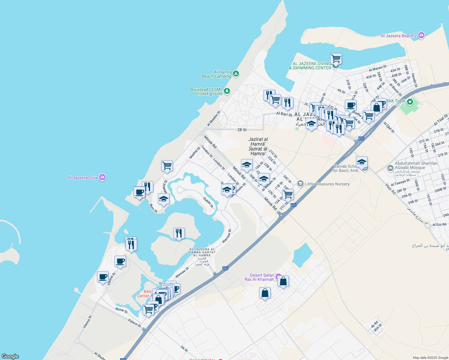map of restaurants, bars, coffee shops, grocery stores, and more near in Al Jazeera Al Hamra