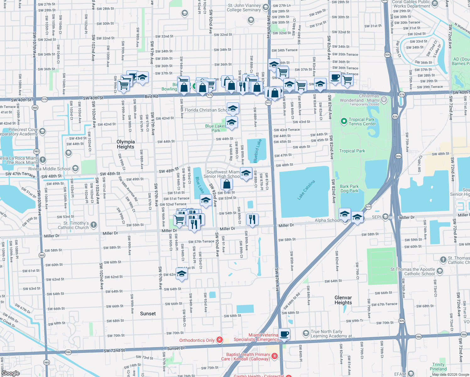 map of restaurants, bars, coffee shops, grocery stores, and more near 8855-8999 SW 50th Terrace in Olympia Heights
