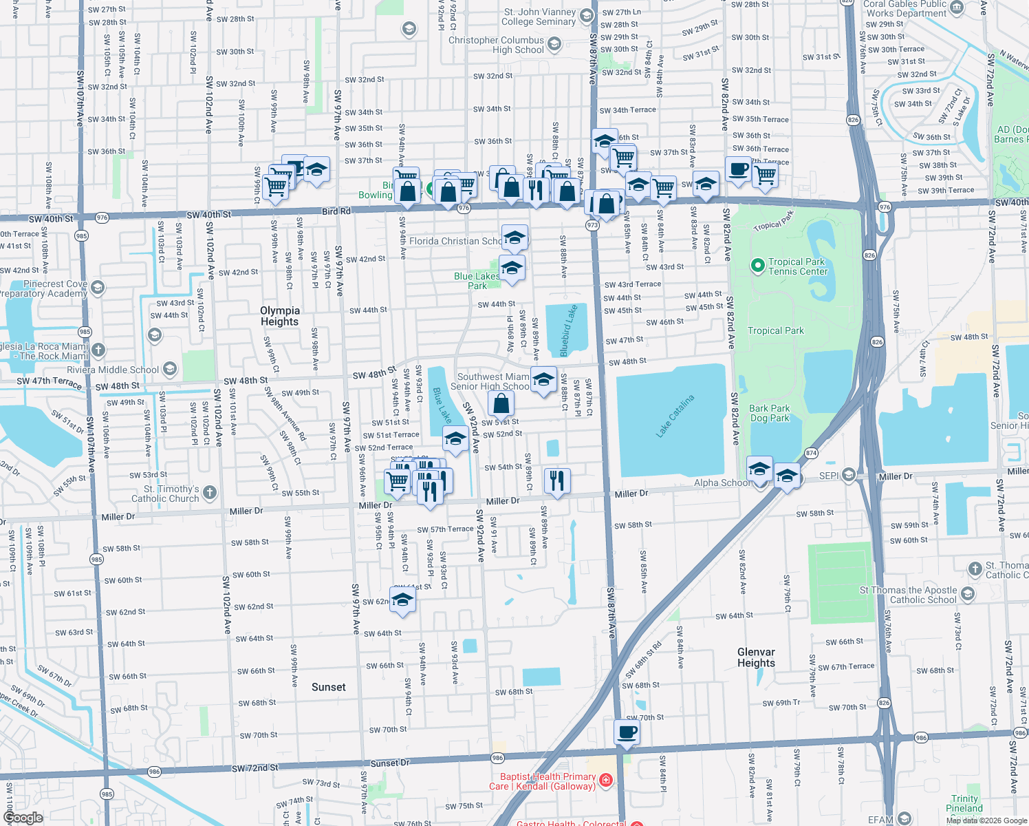 map of restaurants, bars, coffee shops, grocery stores, and more near 8855-8999 SW 50th Terrace in Olympia Heights