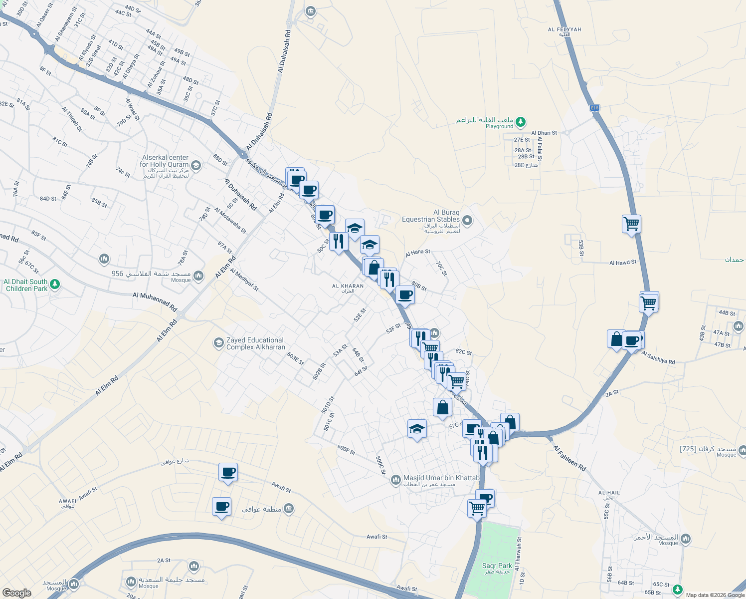 map of restaurants, bars, coffee shops, grocery stores, and more near 62F Street in Ras Al-Khaimah