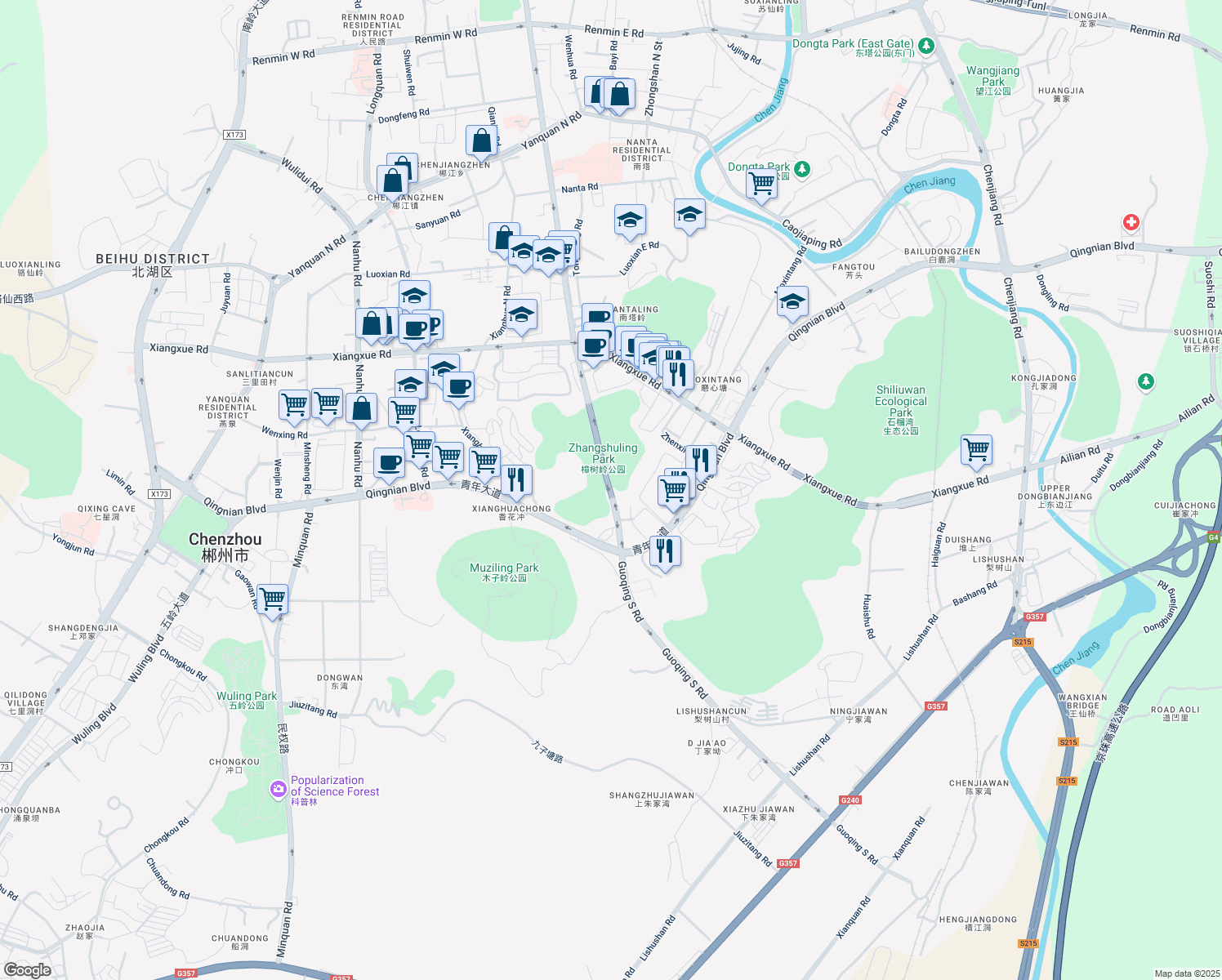 map of restaurants, bars, coffee shops, grocery stores, and more near Guo Qing Nan Lu in Chen Zhou Shi