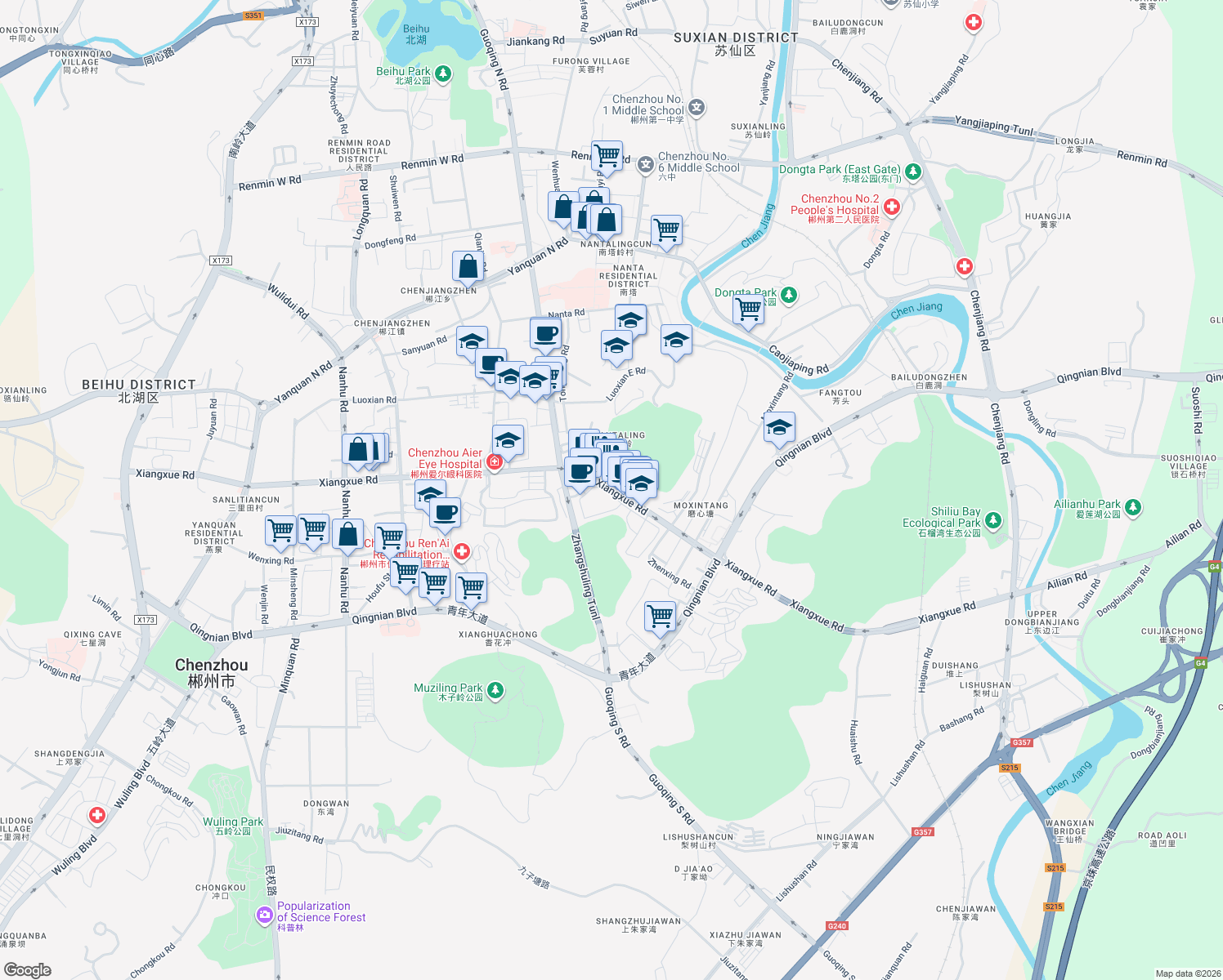 map of restaurants, bars, coffee shops, grocery stores, and more near Xiang Xue Lu in Chen Zhou Shi