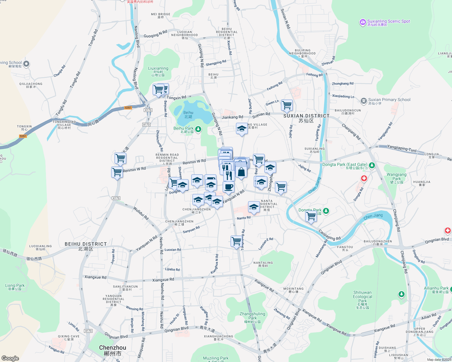 map of restaurants, bars, coffee shops, grocery stores, and more near Guo Qing Nan Lu in Chen Zhou Shi