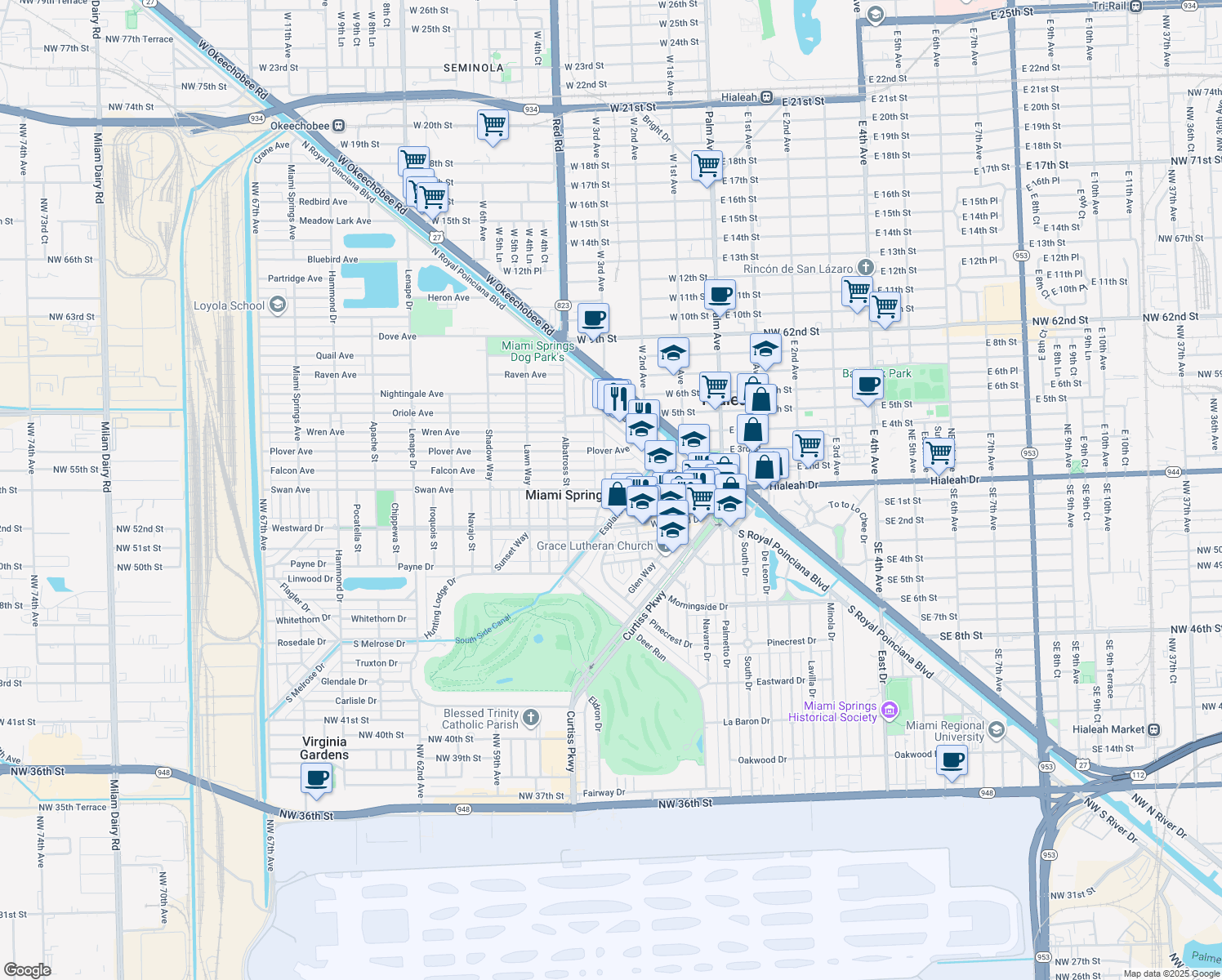 map of restaurants, bars, coffee shops, grocery stores, and more near 325 Cardinal Street in Miami Springs