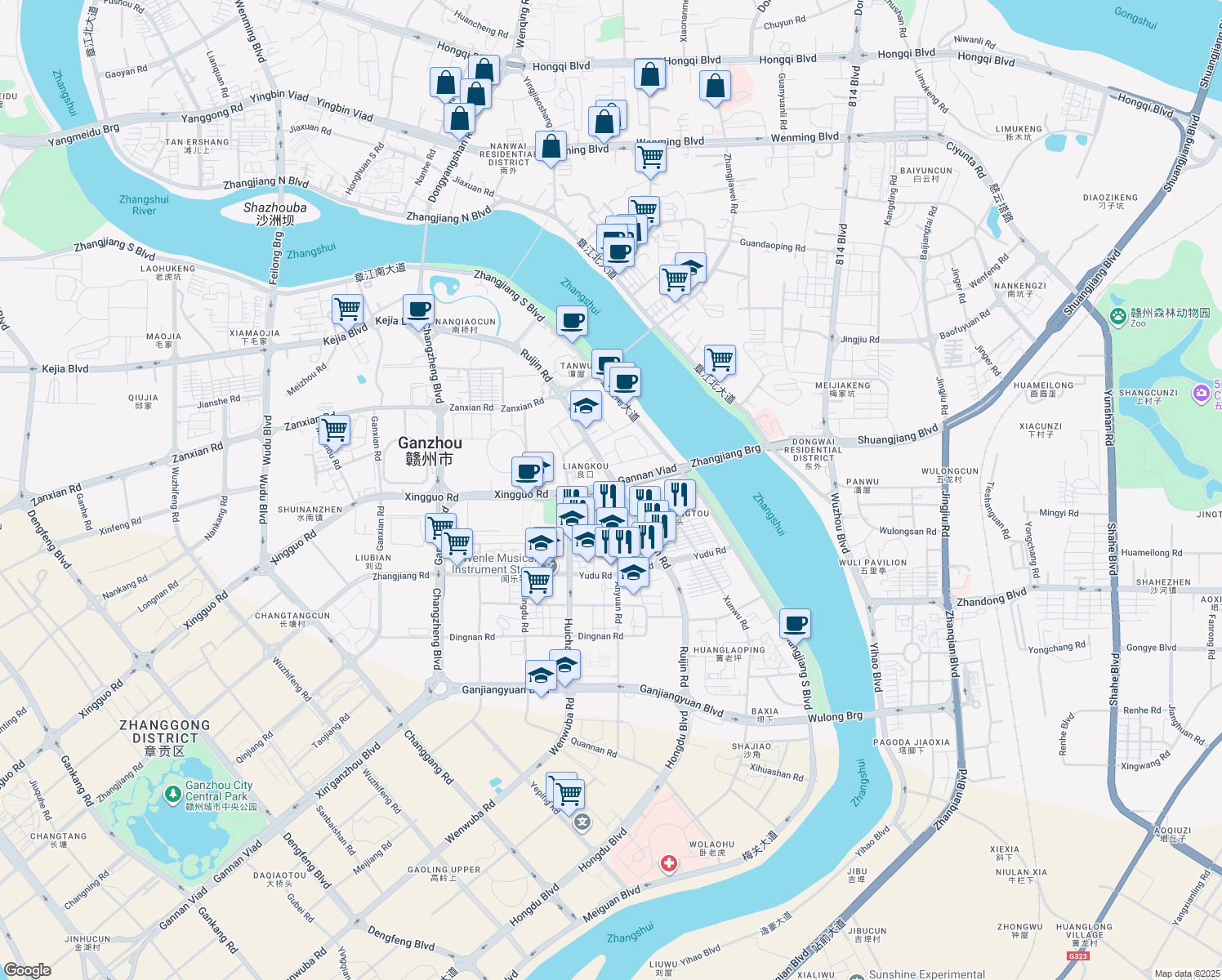 map of restaurants, bars, coffee shops, grocery stores, and more near Rui Jin Lu in Ganzhou Shi