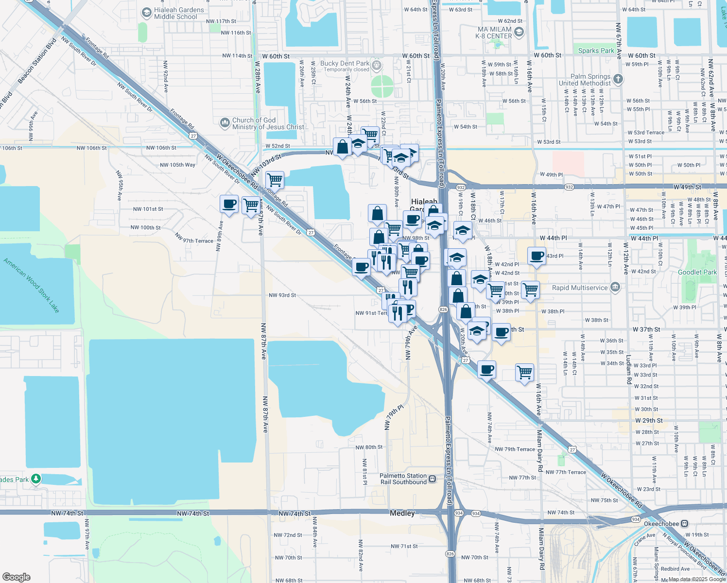 map of restaurants, bars, coffee shops, grocery stores, and more near 8115 Northwest 93rd Street in Medley