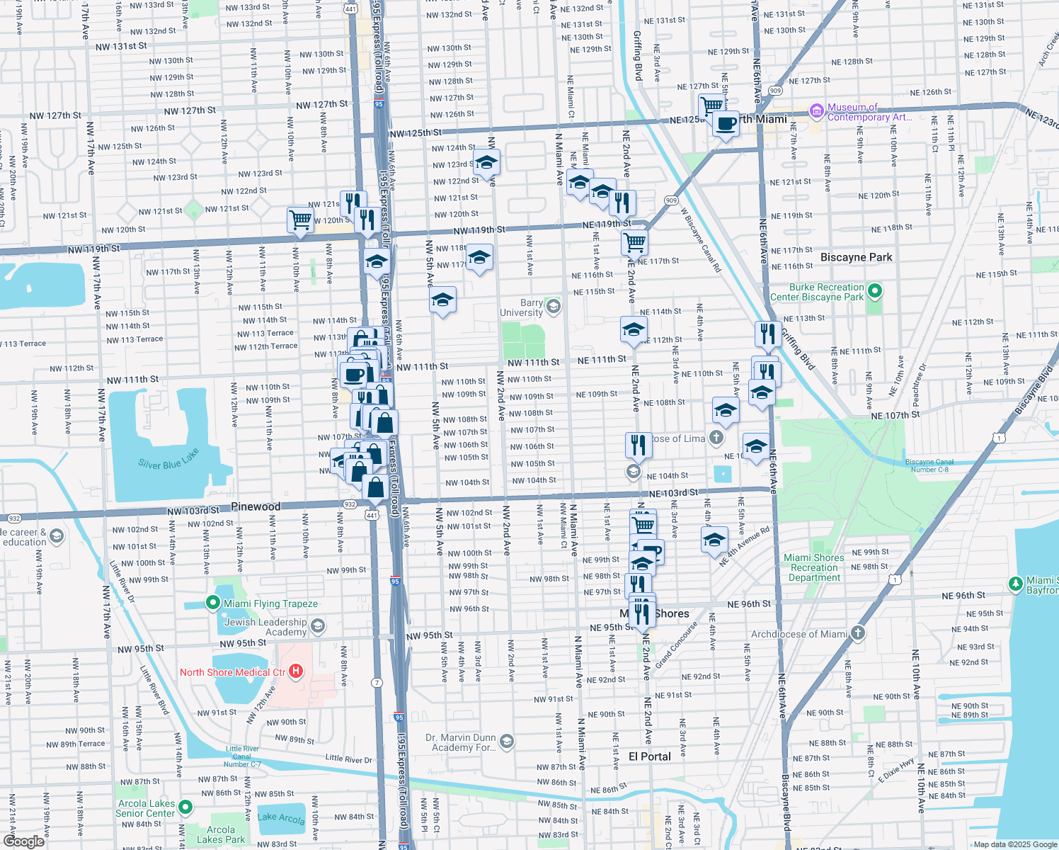 map of restaurants, bars, coffee shops, grocery stores, and more near 113 Northwest 107th Street in Miami Shores