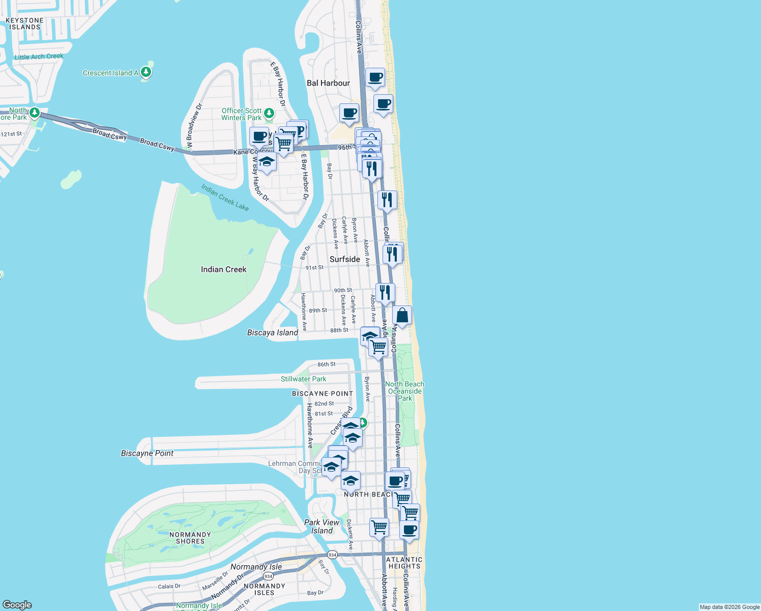 map of restaurants, bars, coffee shops, grocery stores, and more near 8900 Harding Avenue in Surfside